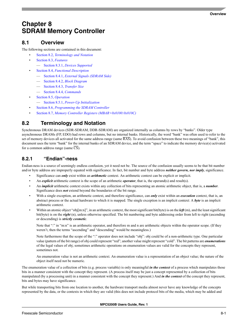 Chapter 8 sdram memory controller, 1 overview, 2 terminology and notation | 1 “endian”-ness | Freescale Semiconductor MPC5200B User Manual | Page 234 / 762