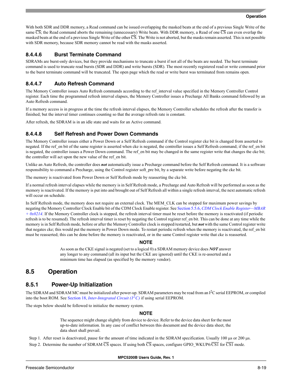 6 burst terminate command, 7 auto refresh command, 8 self refresh and power down commands | 5 operation, 1 power-up initialization, Section 8.5, operation, Section 8.5.1, power-up initialization | Freescale Semiconductor MPC5200B User Manual | Page 252 / 762