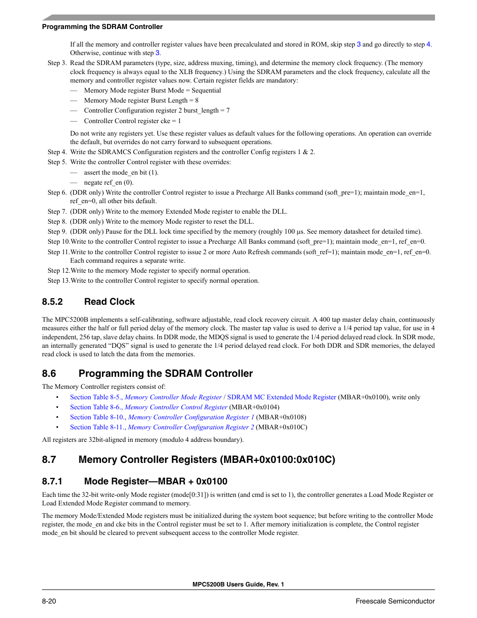 2 read clock, 6 programming the sdram controller, 7 memory controller registers (mbar+0x0100:0x010c) | 1 mode register-mbar + 0x0100, Section 8.7, Section 8.6, programming the sdram controller | Freescale Semiconductor MPC5200B User Manual | Page 253 / 762