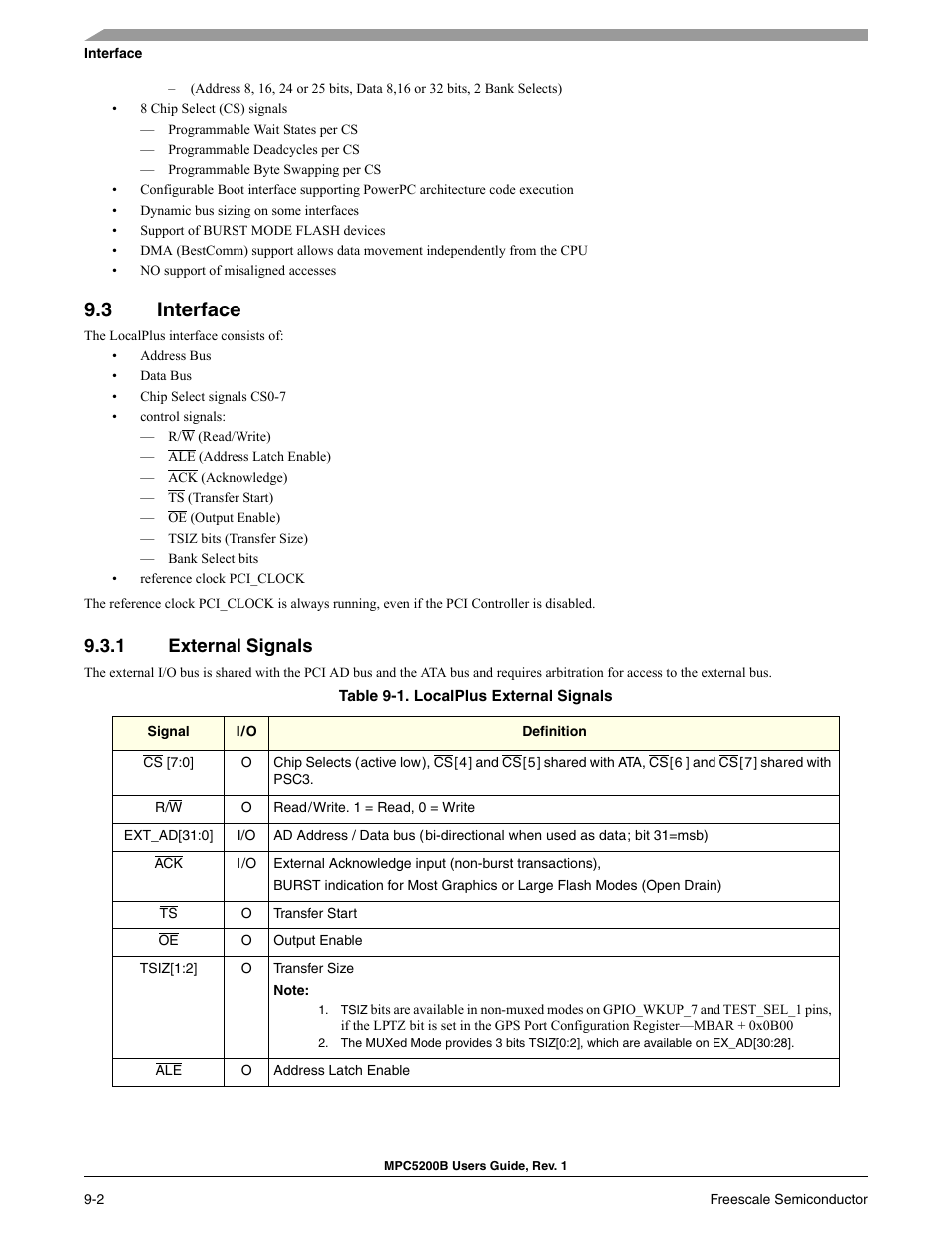 3 interface, 1 external signals, Section 9.3, interface | Section 9.3.1, external signals | Freescale Semiconductor MPC5200B User Manual | Page 267 / 762