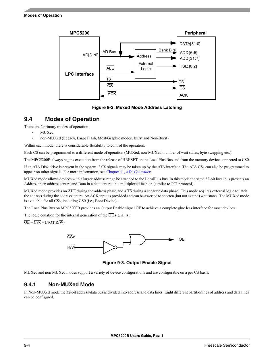 4 modes of operation, 1 non-muxed mode, Section 9.4, modes of operation | Section 9.4.1, non-muxed mode, Figure 9-2 | Freescale Semiconductor MPC5200B User Manual | Page 269 / 762