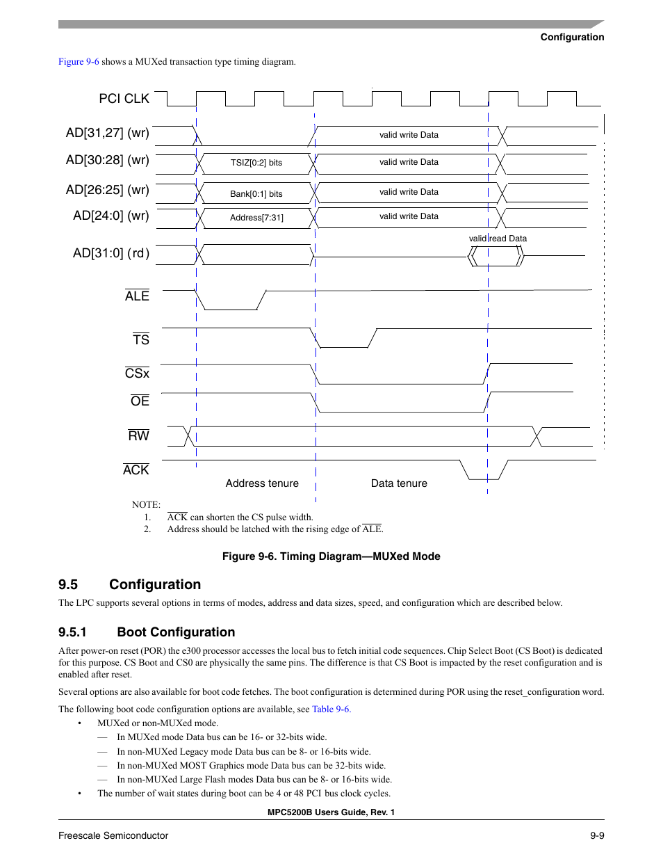 5 configuration, 1 boot configuration, Section 9.5, configuration | Section 9.5.1, boot configuration | Freescale Semiconductor MPC5200B User Manual | Page 274 / 762