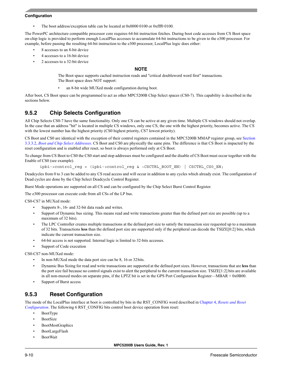 2 chip selects configuration, 3 reset configuration, Section 9.5.2, chip selects configuration | Section 9.5.3, reset configuration | Freescale Semiconductor MPC5200B User Manual | Page 275 / 762