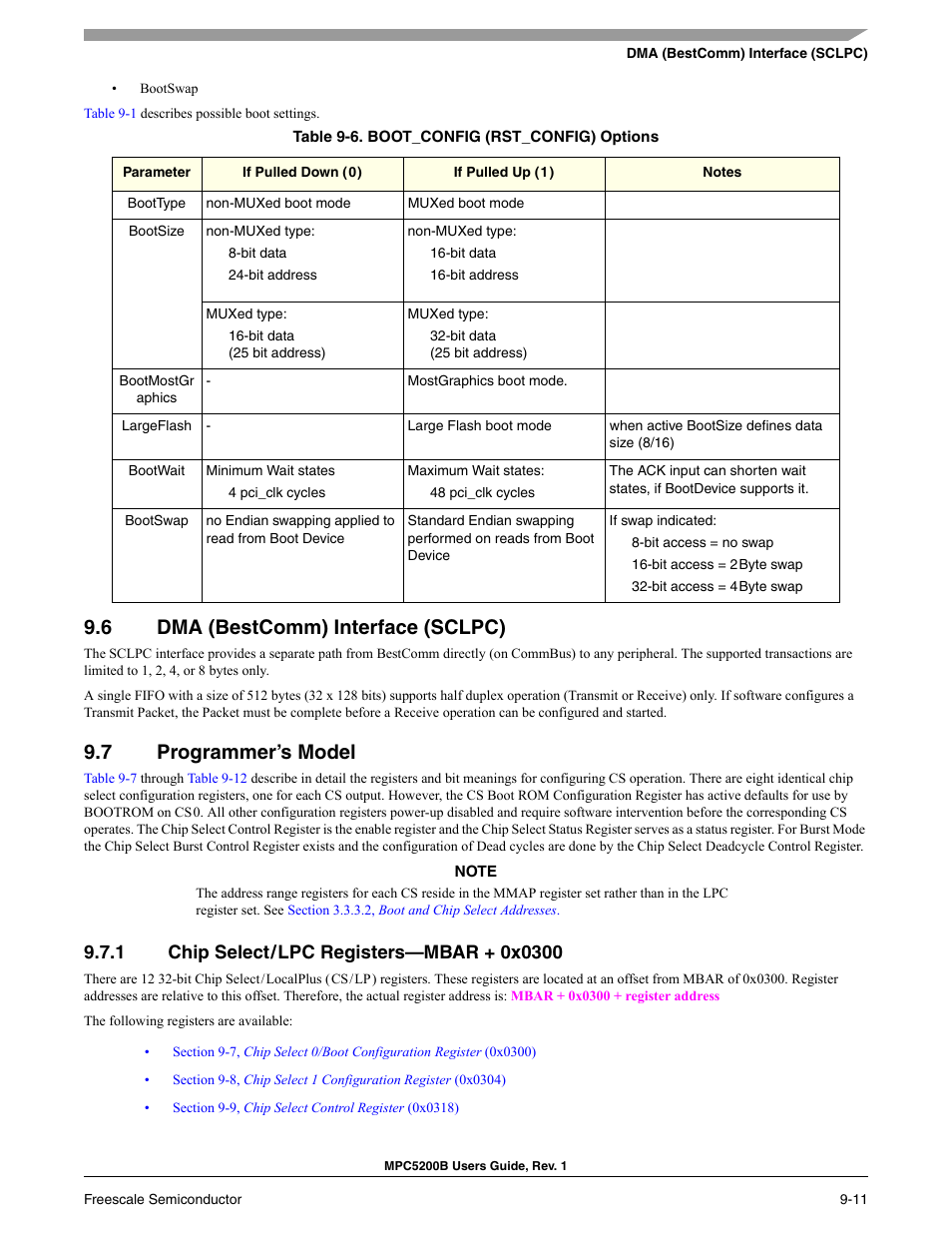 6 dma (bestcomm) interface (sclpc), 7 programmer’s model, 1 chip select / lpc registers-mbar + 0x0300 | Section 9.7.1, Section 9.6, dma (bestcomm) interface (sclpc), Section 9.7, programmer’s model, Information, see | Freescale Semiconductor MPC5200B User Manual | Page 276 / 762