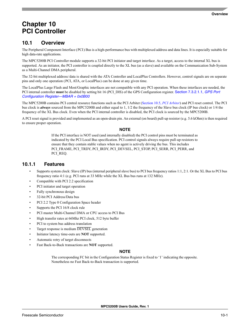 Chapter 10 pci controller, 1 overview, 1 features | Chapter 10, pci controller | Freescale Semiconductor MPC5200B User Manual | Page 298 / 762