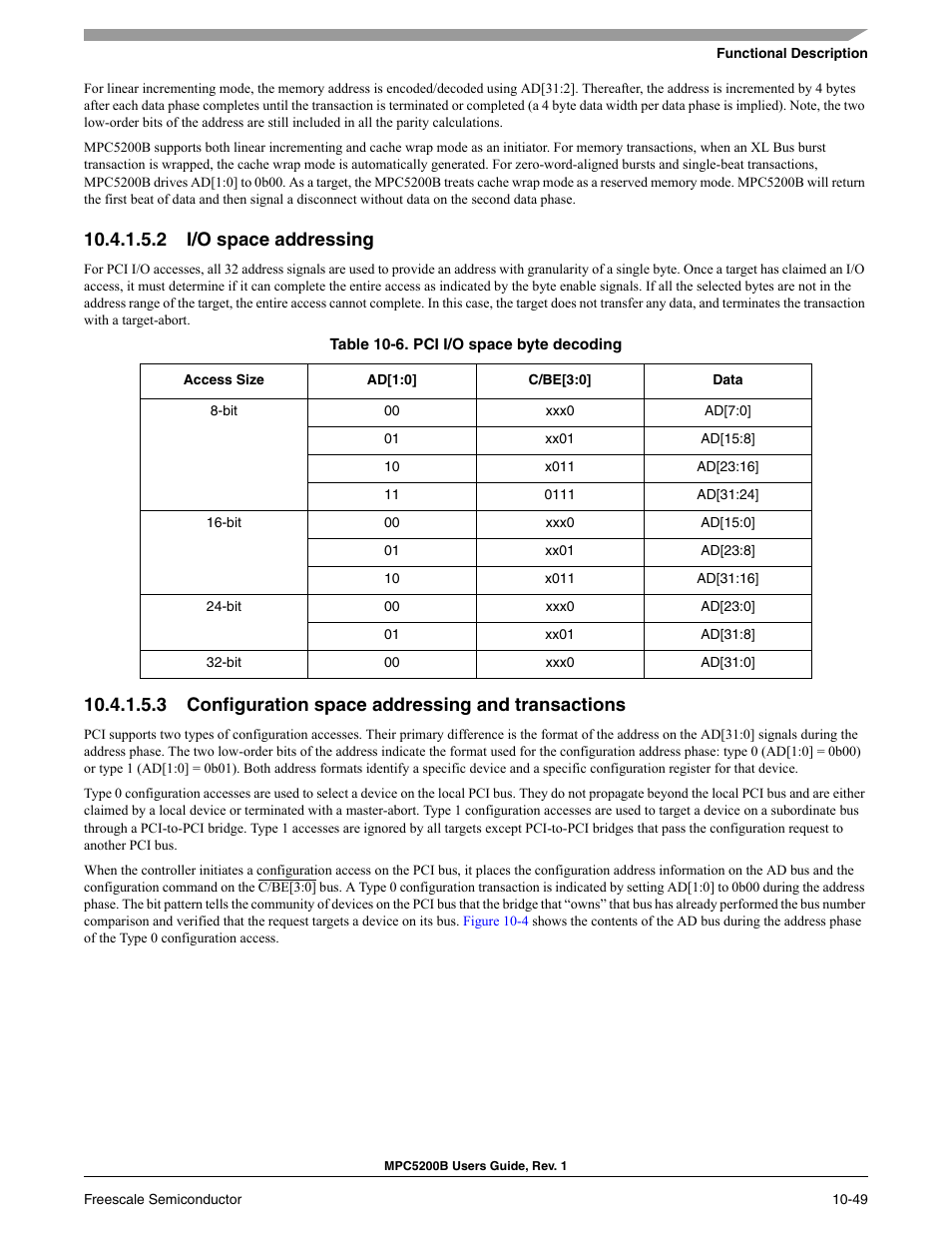 2 i/o space addressing, 3 configuration space addressing and transactions | Freescale Semiconductor MPC5200B User Manual | Page 346 / 762