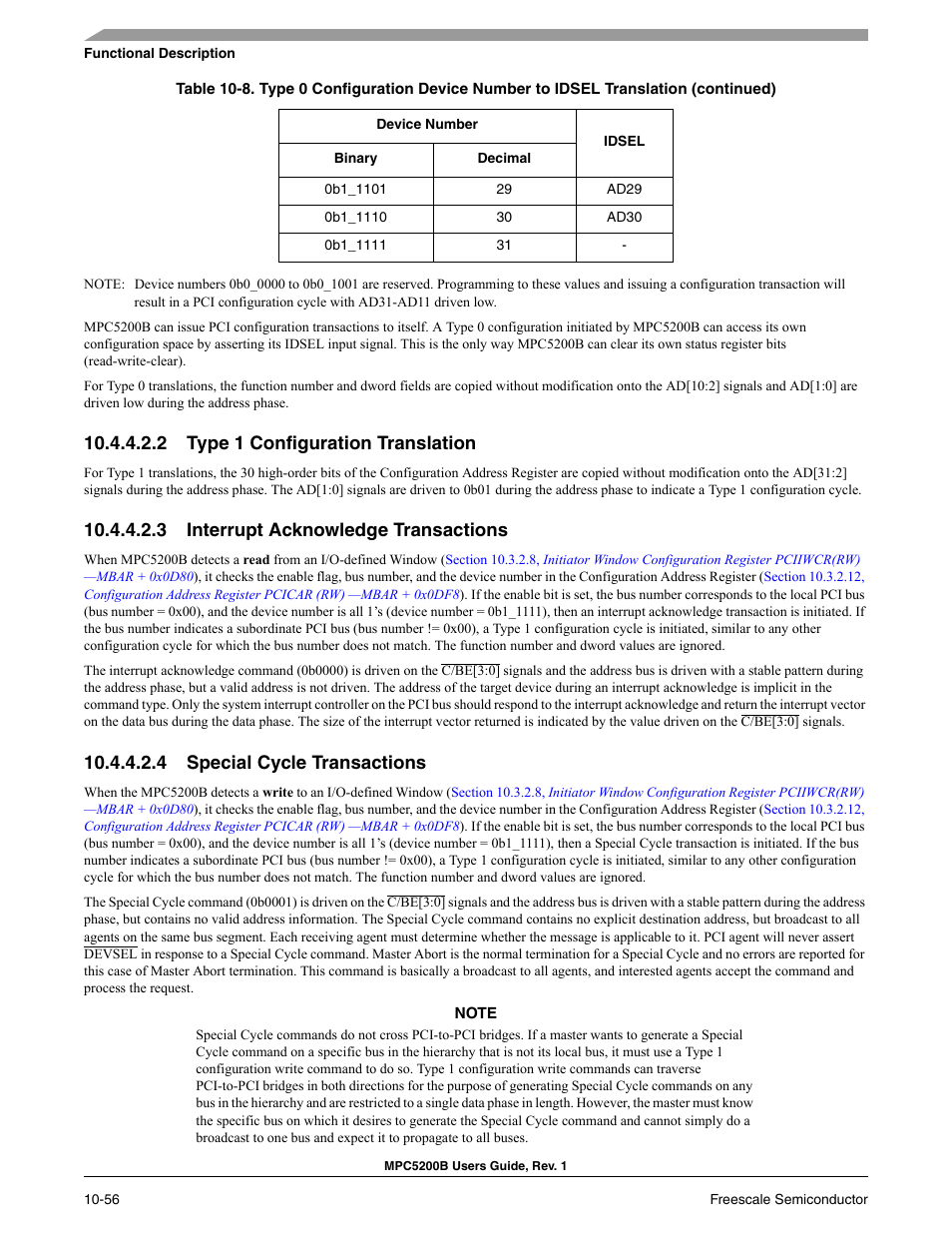 2 type 1 configuration translation, 3 interrupt acknowledge transactions, 4 special cycle transactions | Section, 4, special cycle transactions | Freescale Semiconductor MPC5200B User Manual | Page 353 / 762