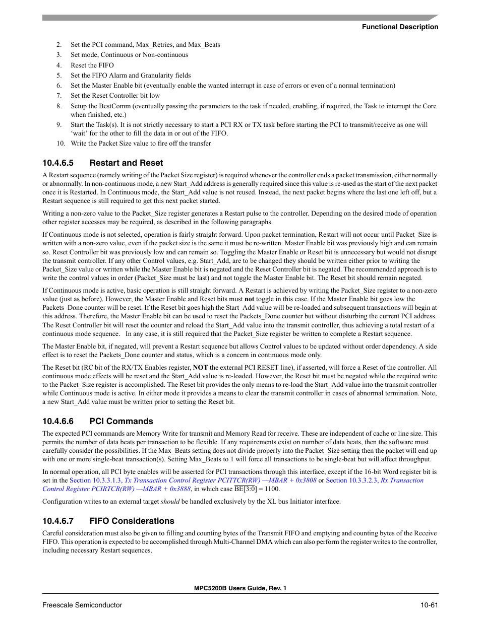 5 restart and reset, 6 pci commands, 7 fifo considerations | Freescale Semiconductor MPC5200B User Manual | Page 358 / 762