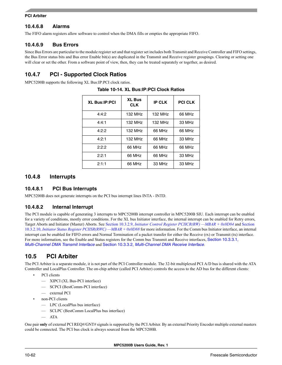 8 alarms, 9 bus errors, 7 pci - supported clock ratios | 8 interrupts, 1 pci bus interrupts, 2 internal interrupt, 5 pci arbiter, Section 10.5, pci arbiter, And pci reset co | Freescale Semiconductor MPC5200B User Manual | Page 359 / 762