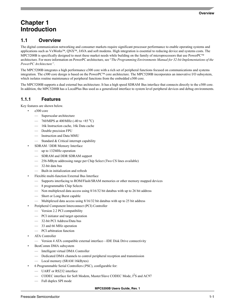Chapter 1 introduction, 1 overview, 1 features | Overview -1, Features -1 | Freescale Semiconductor MPC5200B User Manual | Page 36 / 762