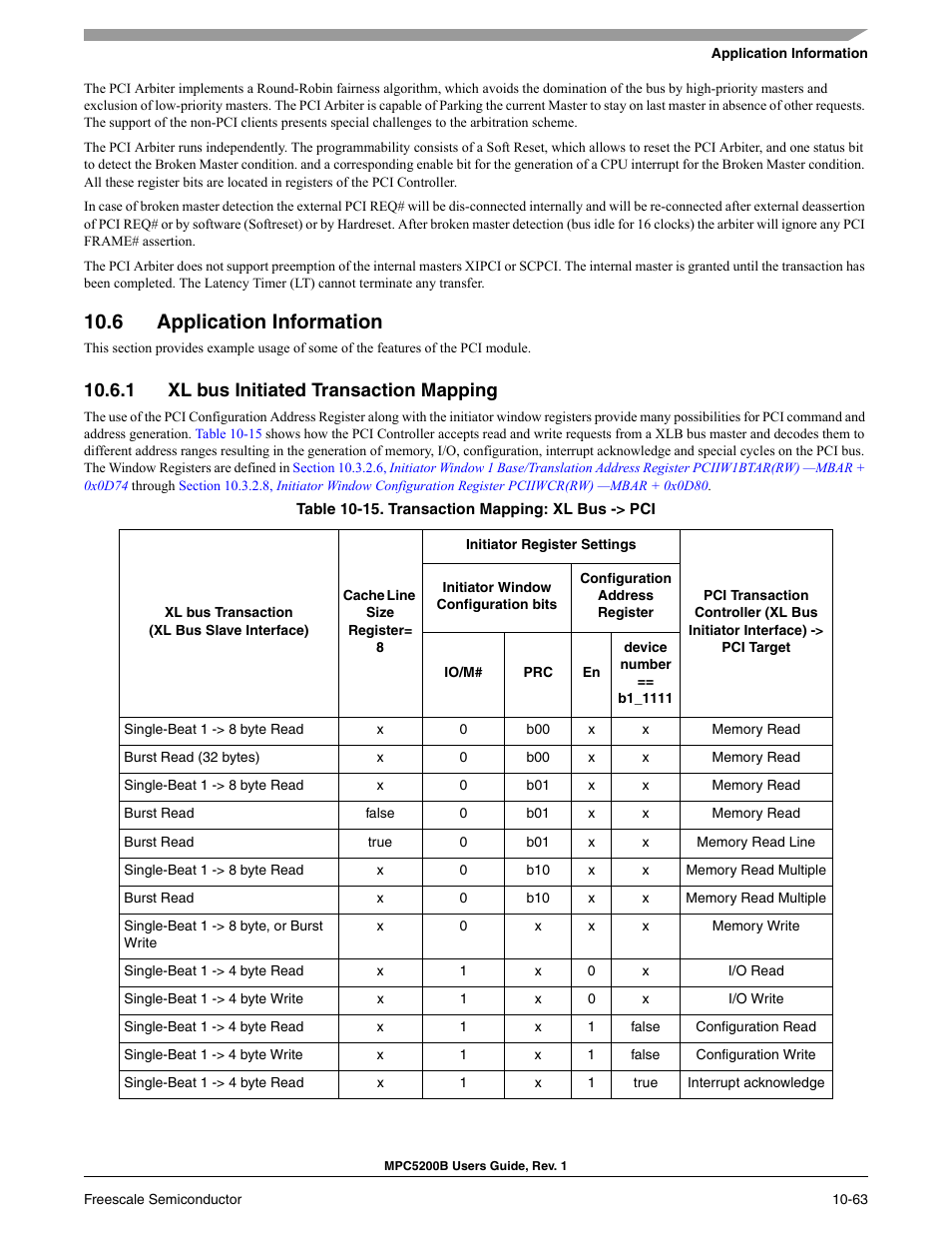 6 application information, 1 xl bus initiated transaction mapping, Table 10-15 | Freescale Semiconductor MPC5200B User Manual | Page 360 / 762