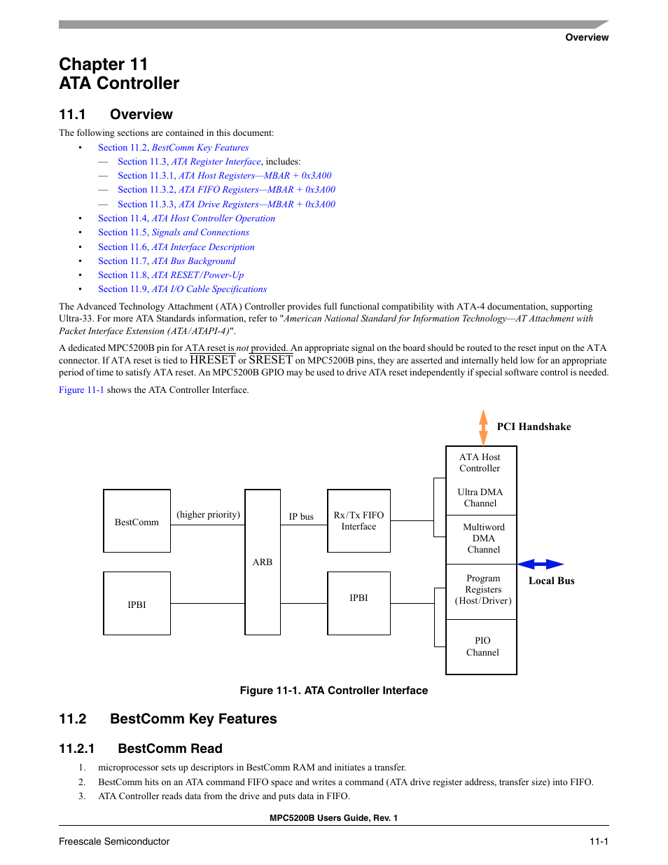 Chapter 11 ata controller, 1 overview, 2 bestcomm key features | 1 bestcomm read, Chapter 11, ata controller | Freescale Semiconductor MPC5200B User Manual | Page 366 / 762