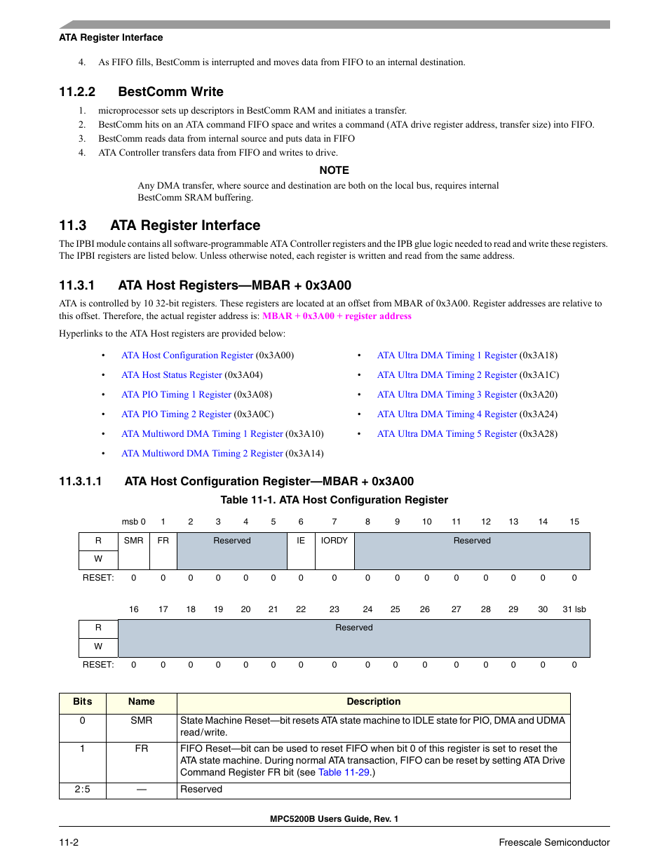 2 bestcomm write, 3 ata register interface, 1 ata host registers-mbar + 0x3a00 | 1 ata host configuration register-mbar + 0x3a00, Section 11.3.1, Section 11.3, ata register interface, Includes, Section 11.3.1, ata host registers—mbar + 0x3a00 | Freescale Semiconductor MPC5200B User Manual | Page 367 / 762