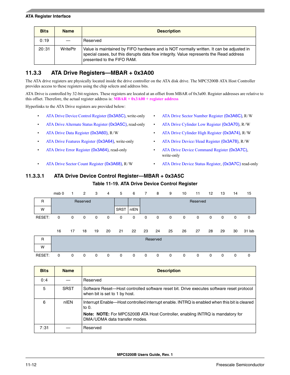 3 ata drive registers-mbar + 0x3a00, 1 ata drive device control register-mbar + 0x3a5c, Section 11.3.3 | Section 11.3.3, ata drive registers—mbar + 0x3a00, 1 ata drive device control register—mbar + 0x3a5c | Freescale Semiconductor MPC5200B User Manual | Page 377 / 762