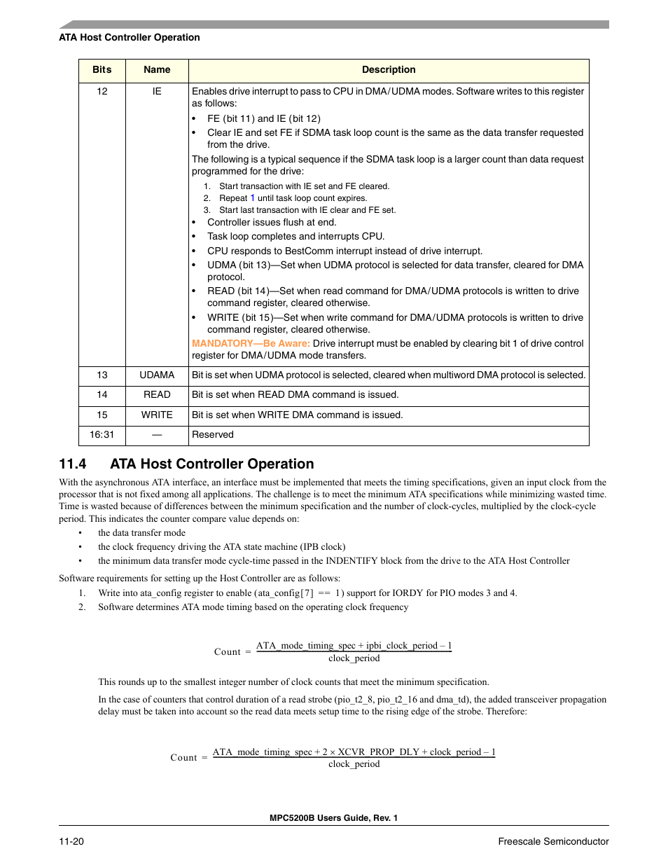 4 ata host controller operation, Section 11.4, ata host controller operation | Freescale Semiconductor MPC5200B User Manual | Page 385 / 762