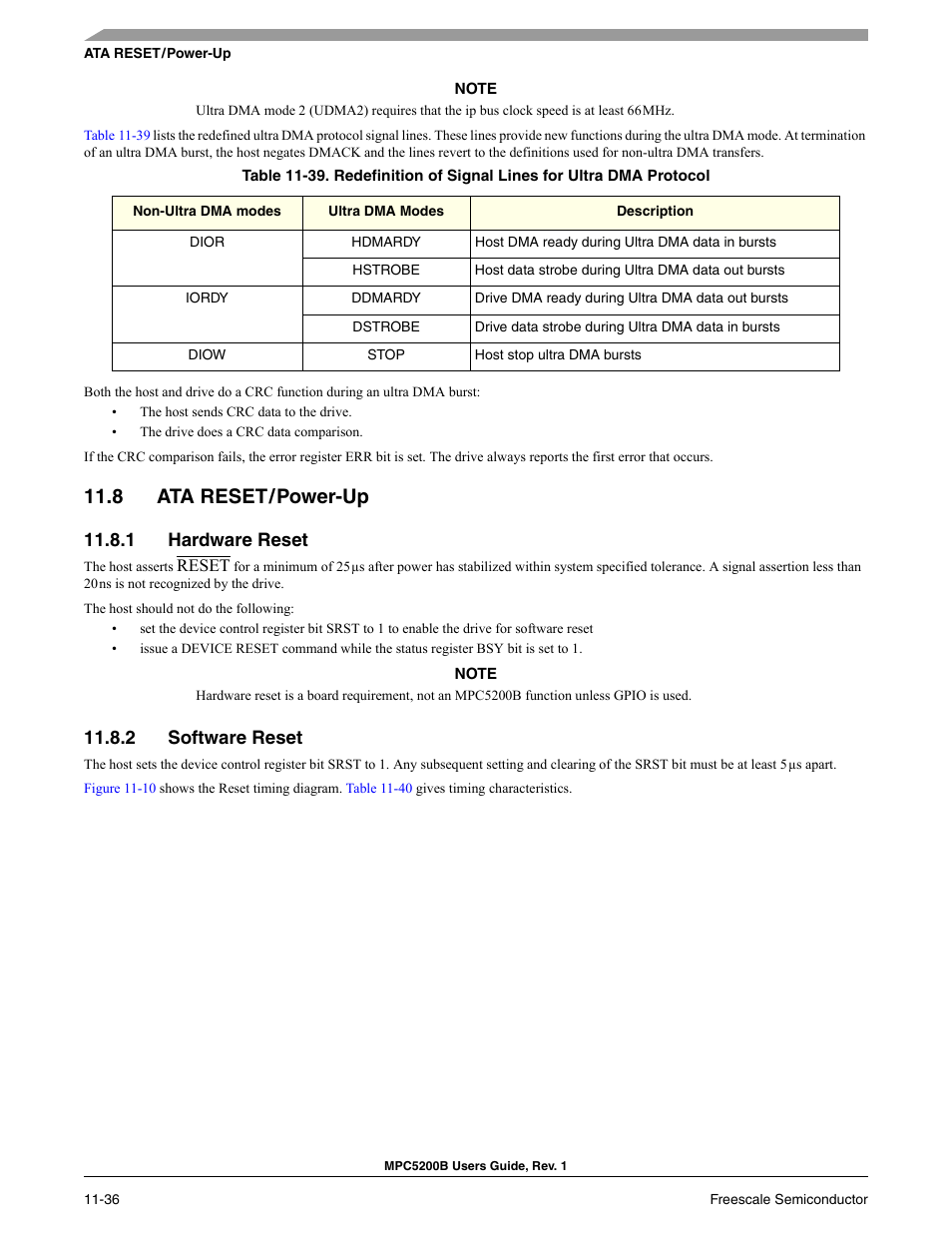 8 ata reset / power-up, 1 hardware reset, 2 software reset | Section 11.8, ata reset/power-up, 8 ata reset/power-up | Freescale Semiconductor MPC5200B User Manual | Page 401 / 762