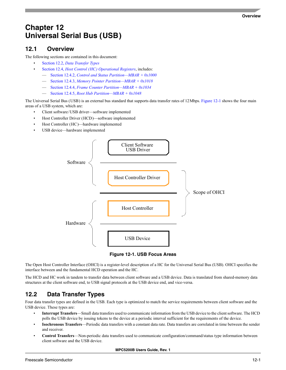 Chapter 12 universal serial bus ( usb ), 1 overview, 2 data transfer types | Chapter 12 universal serial bus (usb), Overview -1, Data transfer types -1, Usb focus areas -1 | Freescale Semiconductor MPC5200B User Manual | Page 404 / 762