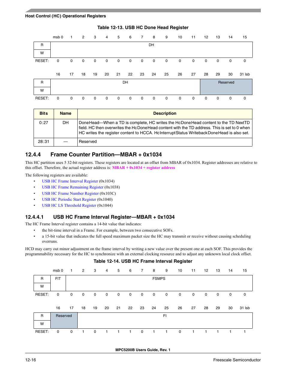 4 frame counter partition-mbar + 0x1034, 1 usb hc frame interval register-mbar + 0x1034, Frame counter partition—mbar + 0x1034 -16 | Usb hc frame interval register—mbar + 0x1034 -16, Usb hc done head register -16, Usb hc frame interval register -16 | Freescale Semiconductor MPC5200B User Manual | Page 419 / 762