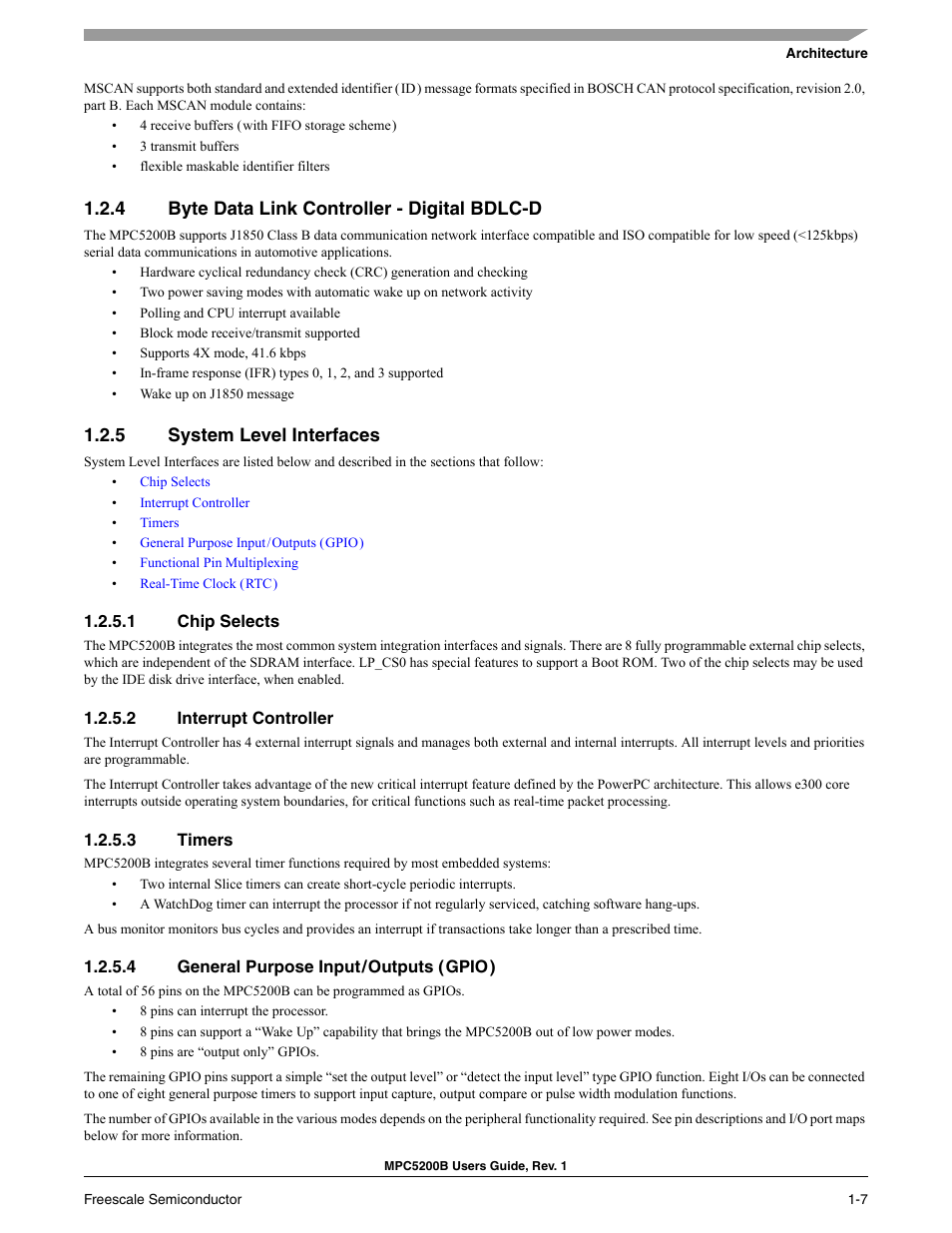 4 byte data link controller - digital bdlc-d, 5 system level interfaces, 1 chip selects | 2 interrupt controller, 3 timers, 4 general purpose input / outputs ( gpio ), Byte data link controller - digital bdlc-d -8, System level interfaces -8, Chip selects -8, Interrupt controller -8 | Freescale Semiconductor MPC5200B User Manual | Page 42 / 762