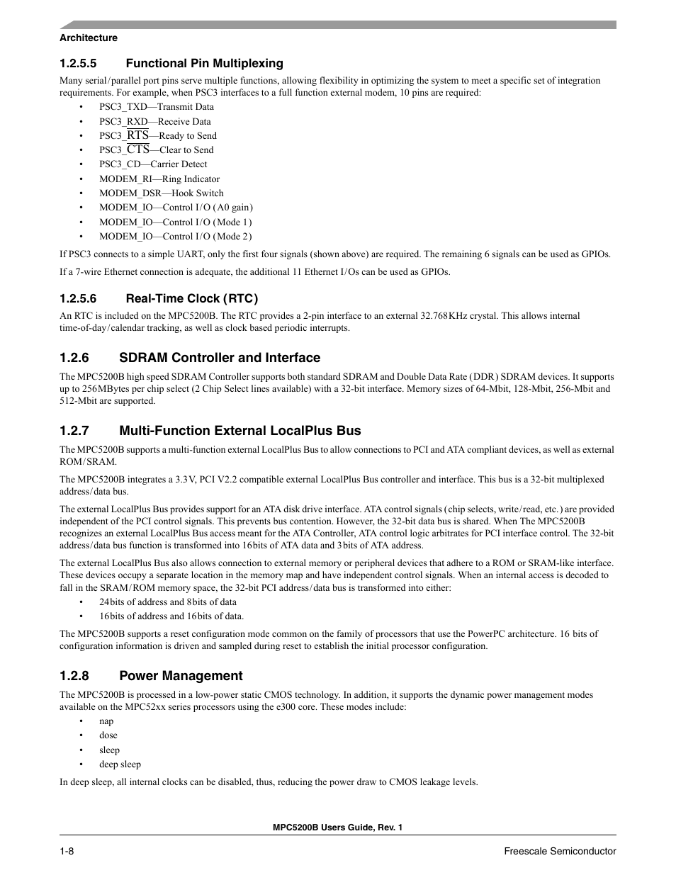 5 functional pin multiplexing, 6 real-time clock ( rtc ), 6 sdram controller and interface | 7 multi-function external localplus bus, 8 power management, Functional pin multiplexing -9, Real-time clock (rtc) -9, Sdram controller and interface -9, Multi-function external localplus bus -9, Power management -9 | Freescale Semiconductor MPC5200B User Manual | Page 43 / 762