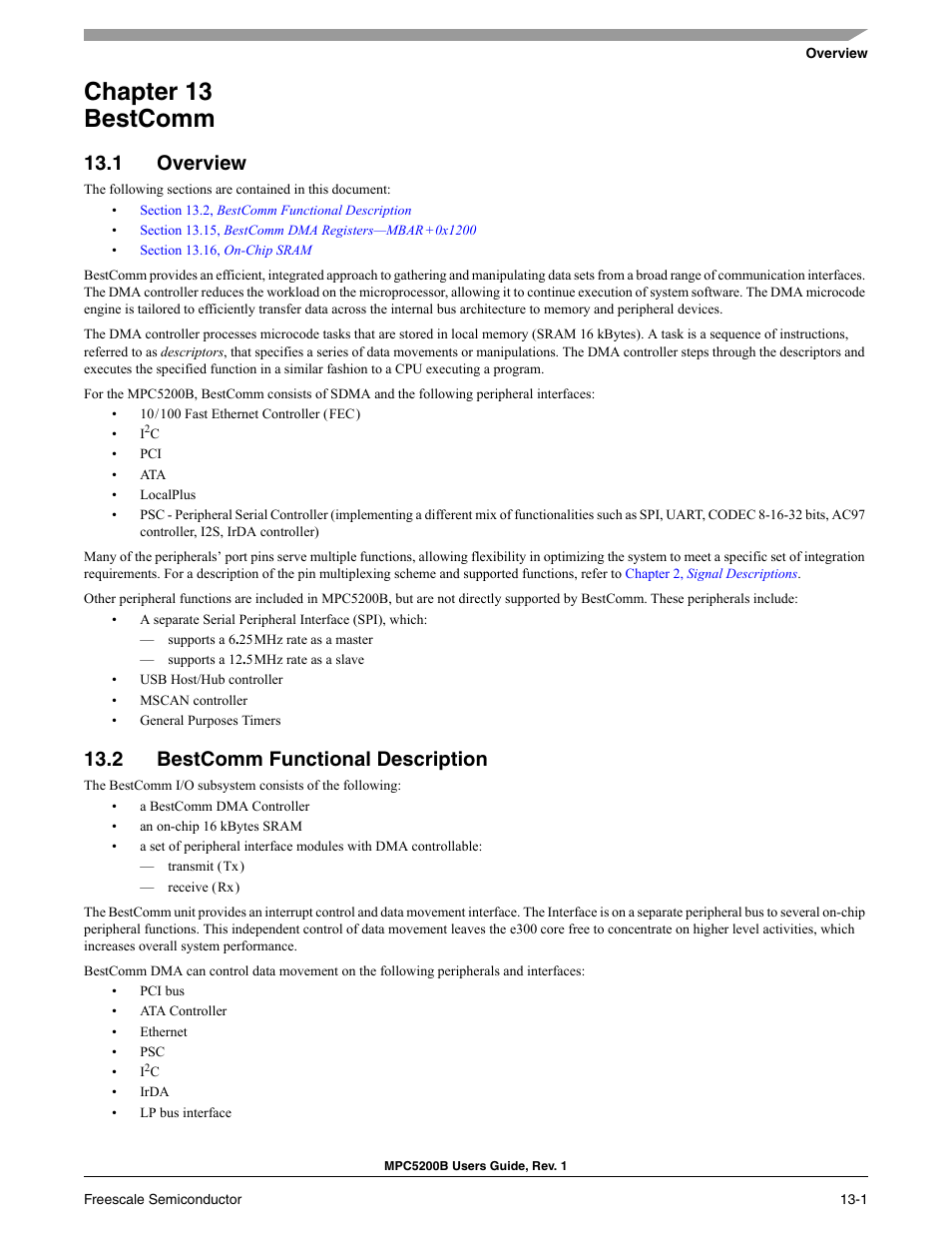 Chapter 13 bestcomm, 1 overview, 2 bestcomm functional description | Freescale Semiconductor MPC5200B User Manual | Page 434 / 762