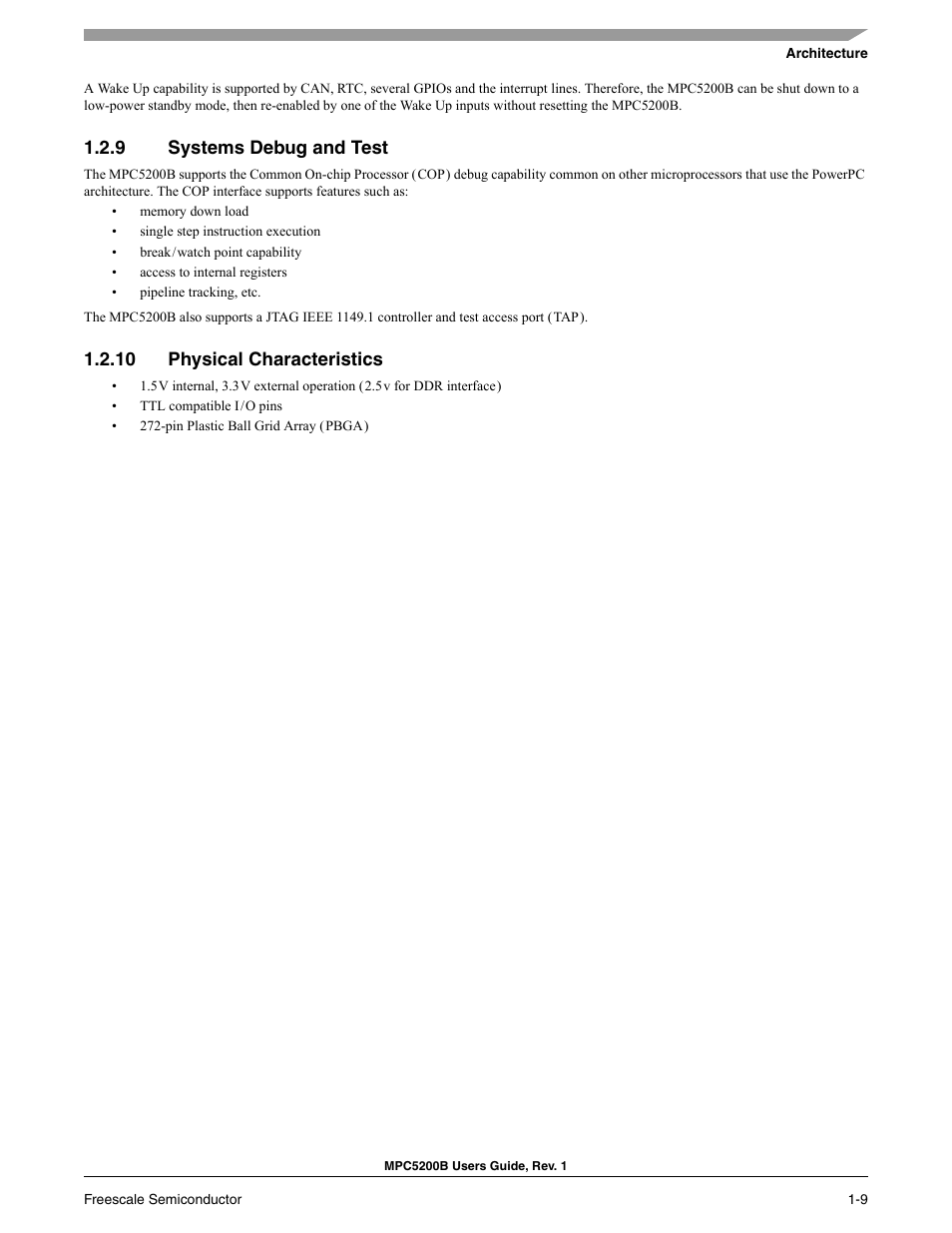 9 systems debug and test, 10 physical characteristics, Systems debug and test -10 | Physical characteristics -10, Systems debug and test, Physical characteristics | Freescale Semiconductor MPC5200B User Manual | Page 44 / 762