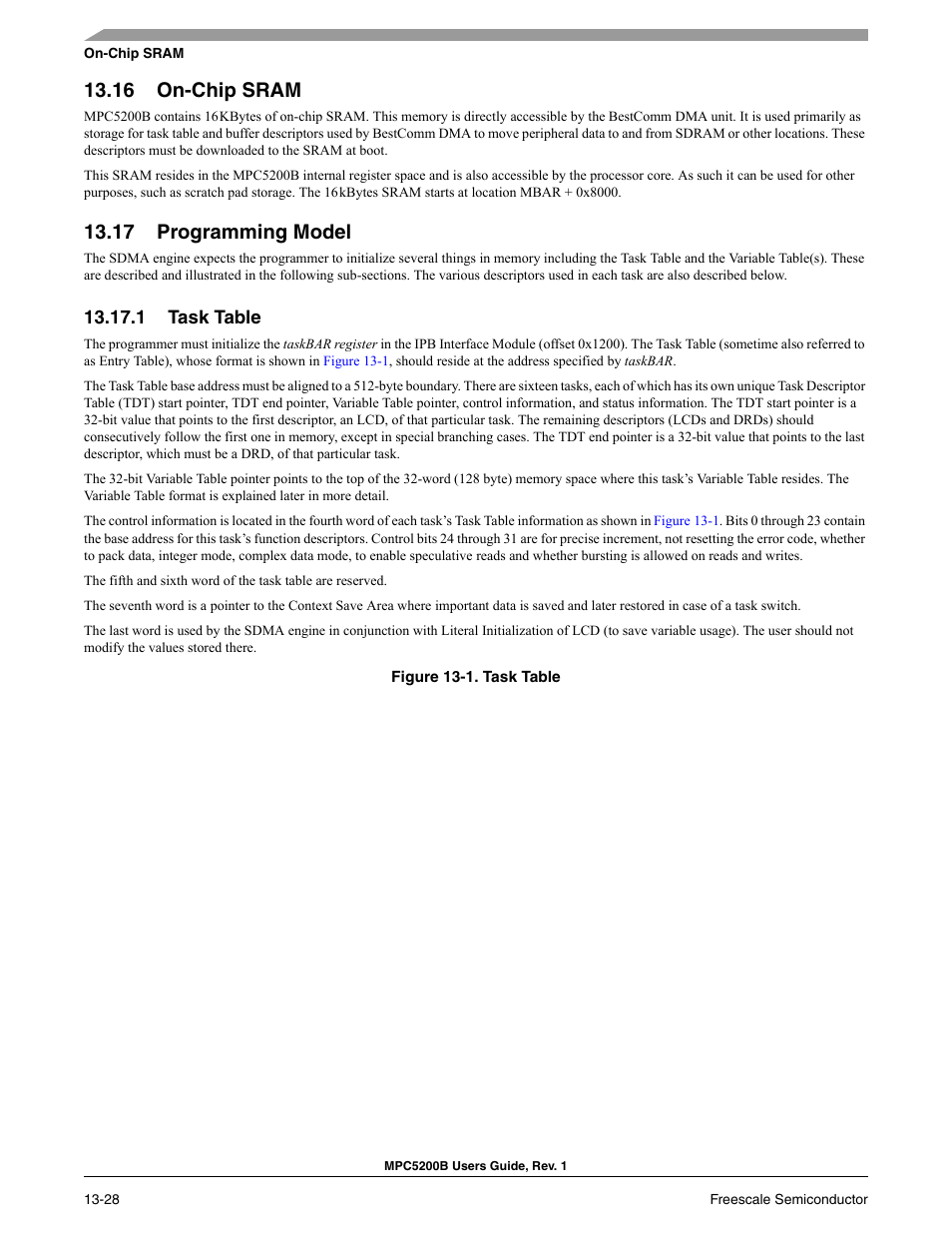 16 on-chip sram, 17 programming model, 1 task table | Section 13.16, Section 13.16, on-chip sram | Freescale Semiconductor MPC5200B User Manual | Page 461 / 762