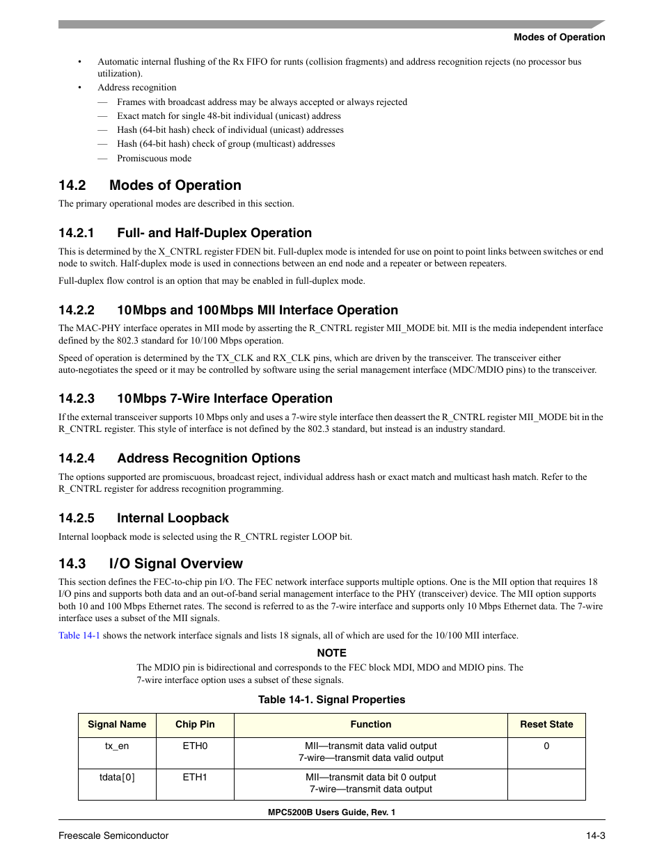 2 modes of operation, 1 full- and half-duplex operation, 2 10 mbps and 100 mbps mii interface operation | 3 10 mbps 7-wire interface operation, 4 address recognition options, 5 internal loopback, 3 i / o signal overview, Modes of operation -3, Full- and half-duplex operation -3, 10mbps and 100mbps mii interface operation -3 | Freescale Semiconductor MPC5200B User Manual | Page 468 / 762