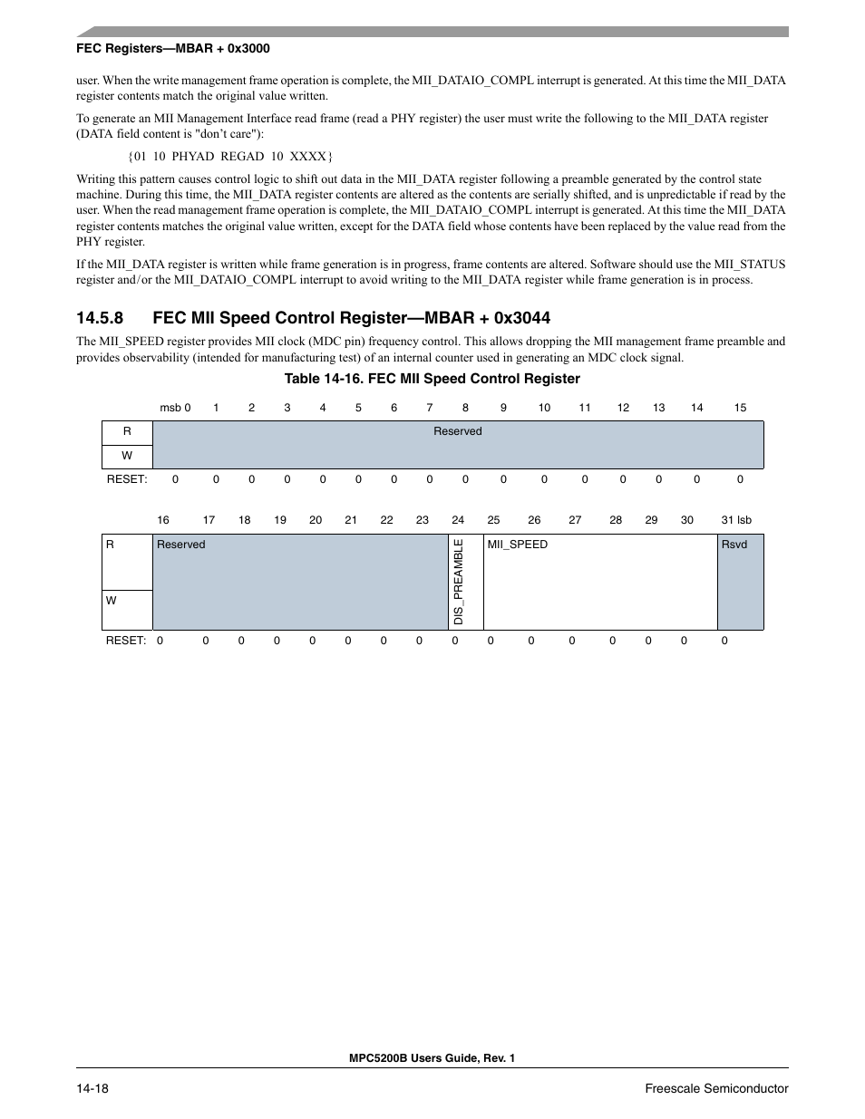 8 fec mii speed control register-mbar + 0x3044, Fec mii speed control register—mbar + 0x3044 -18, Fec mii speed control register -18 | Section 14-16, fec mii speed control register | Freescale Semiconductor MPC5200B User Manual | Page 483 / 762