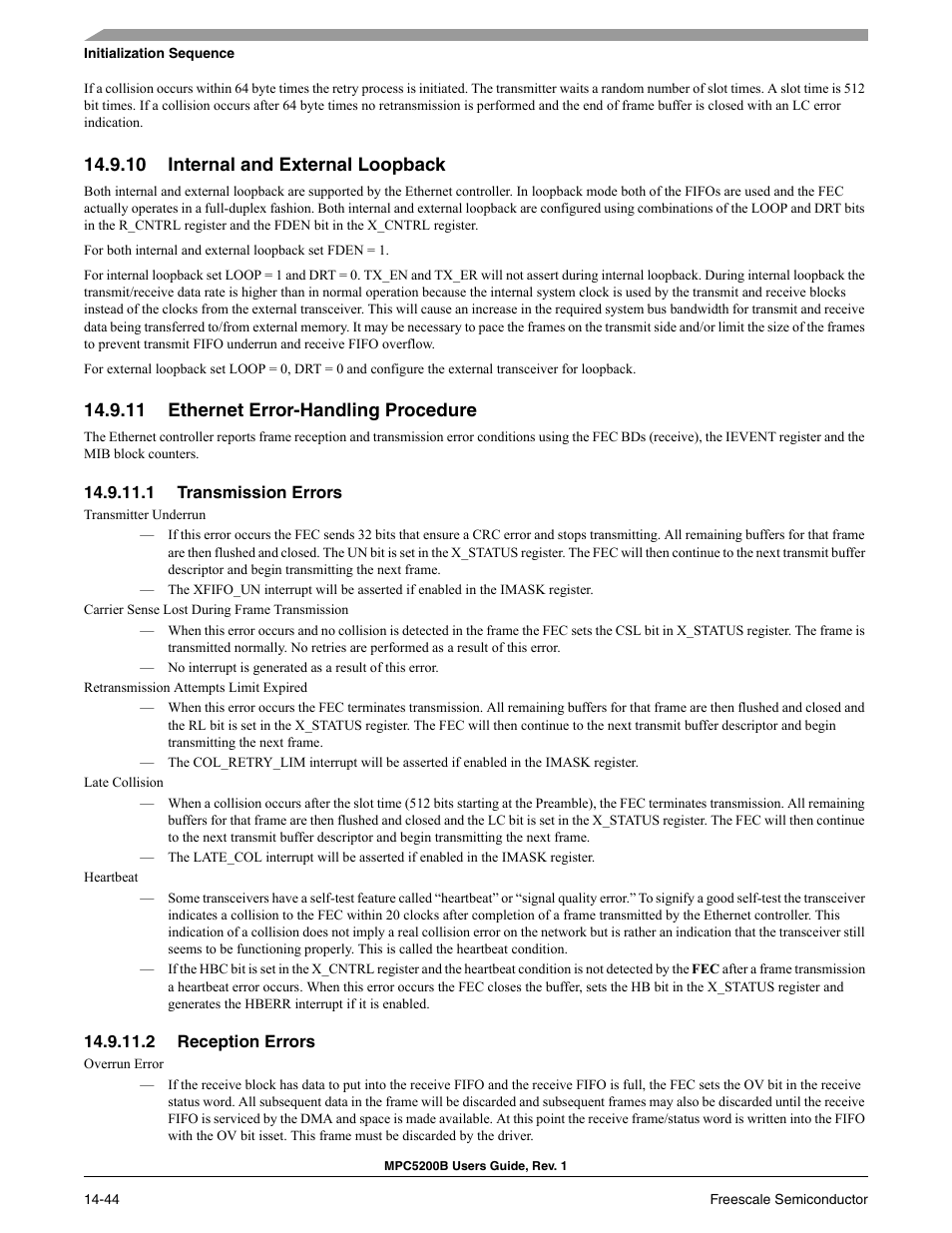 10 internal and external loopback, 11 ethernet error-handling procedure, 1 transmission errors | 2 reception errors, Internal and external loopback -44, Ethernet error-handling procedure -44, Transmission errors -44, Reception errors -44 | Freescale Semiconductor MPC5200B User Manual | Page 509 / 762