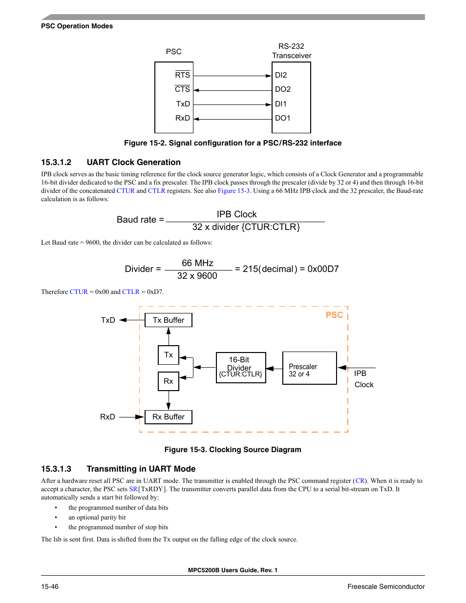 2 uart clock generation, 3 transmitting in uart mode, Uart clock generation -41 | Transmitting in uart mode -41, Clocking source diagram, An external clock source, Figure 15-2 | Freescale Semiconductor MPC5200B User Manual | Page 557 / 762