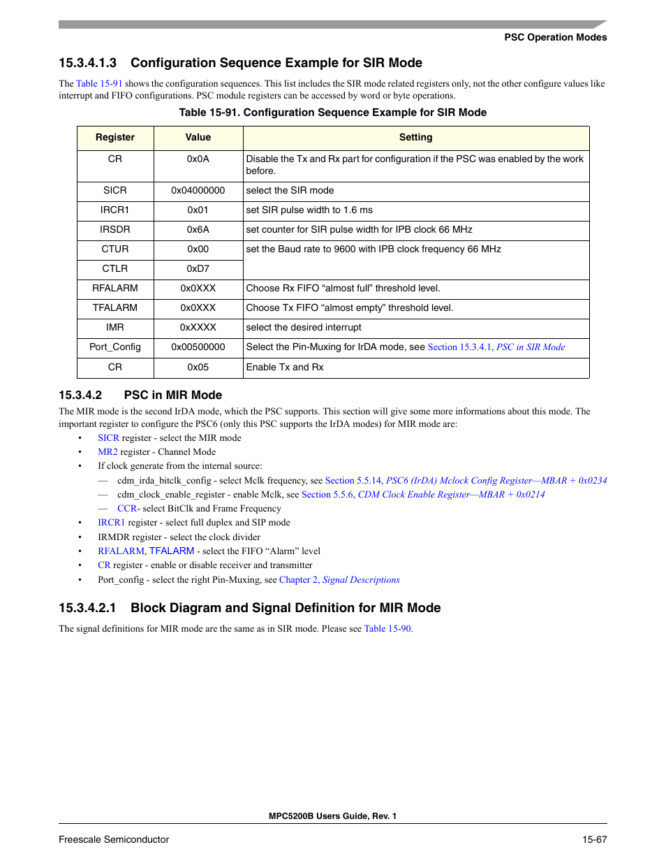 3 configuration sequence example for sir mode, 2 psc in mir mode, 1 block diagram and signal definition for mir mode | Configuration sequence example for sir mode -59, Psc in mir mode -60, Configuration sequence example for sir mode -60, Section 15.3.4.2, psc in mir, Mode | Freescale Semiconductor MPC5200B User Manual | Page 578 / 762