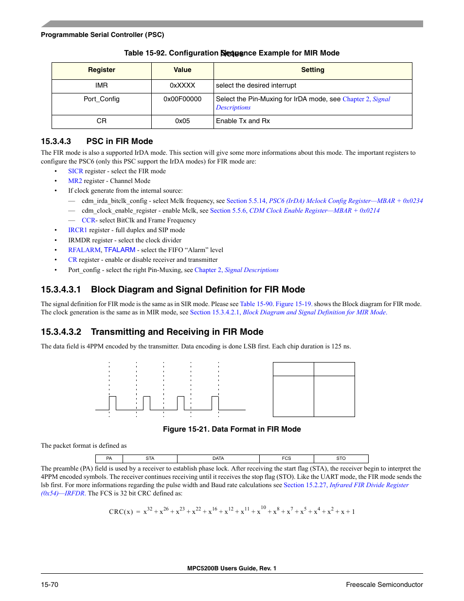 3 psc in fir mode, 1 block diagram and signal definition for fir mode, 2 transmitting and receiving in fir mode | Psc in fir mode -63, Transmitting and receiving in fir mode -63, Data format in fir mode -63, Section 15.3.4.3, psc in fir mode | Freescale Semiconductor MPC5200B User Manual | Page 581 / 762