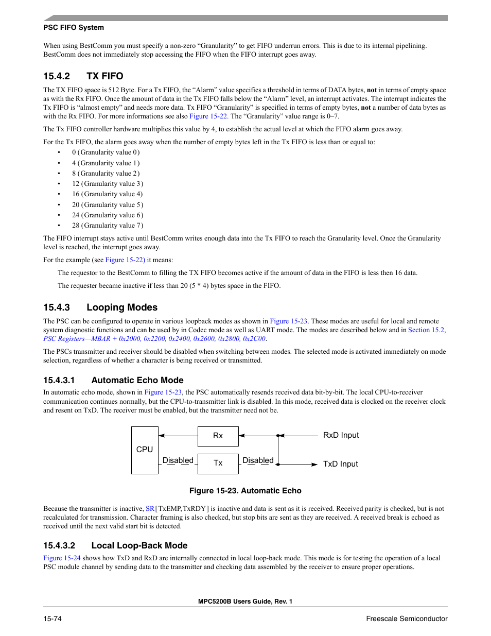 2 tx fifo, 3 looping modes, 1 automatic echo mode | 2 local loop-back mode, Tx fifo -67, Looping modes -67, Automatic echo mode -67, Local loop-back mode -67, Automatic echo -67 | Freescale Semiconductor MPC5200B User Manual | Page 585 / 762