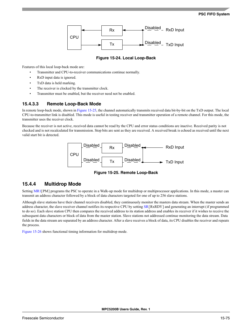 3 remote loop-back mode, 4 multidrop mode, Remote loop-back mode -68 | Multidrop mode -68, Local loop-back -68, Remote loop-back -68, Figure 15-24 | Freescale Semiconductor MPC5200B User Manual | Page 586 / 762