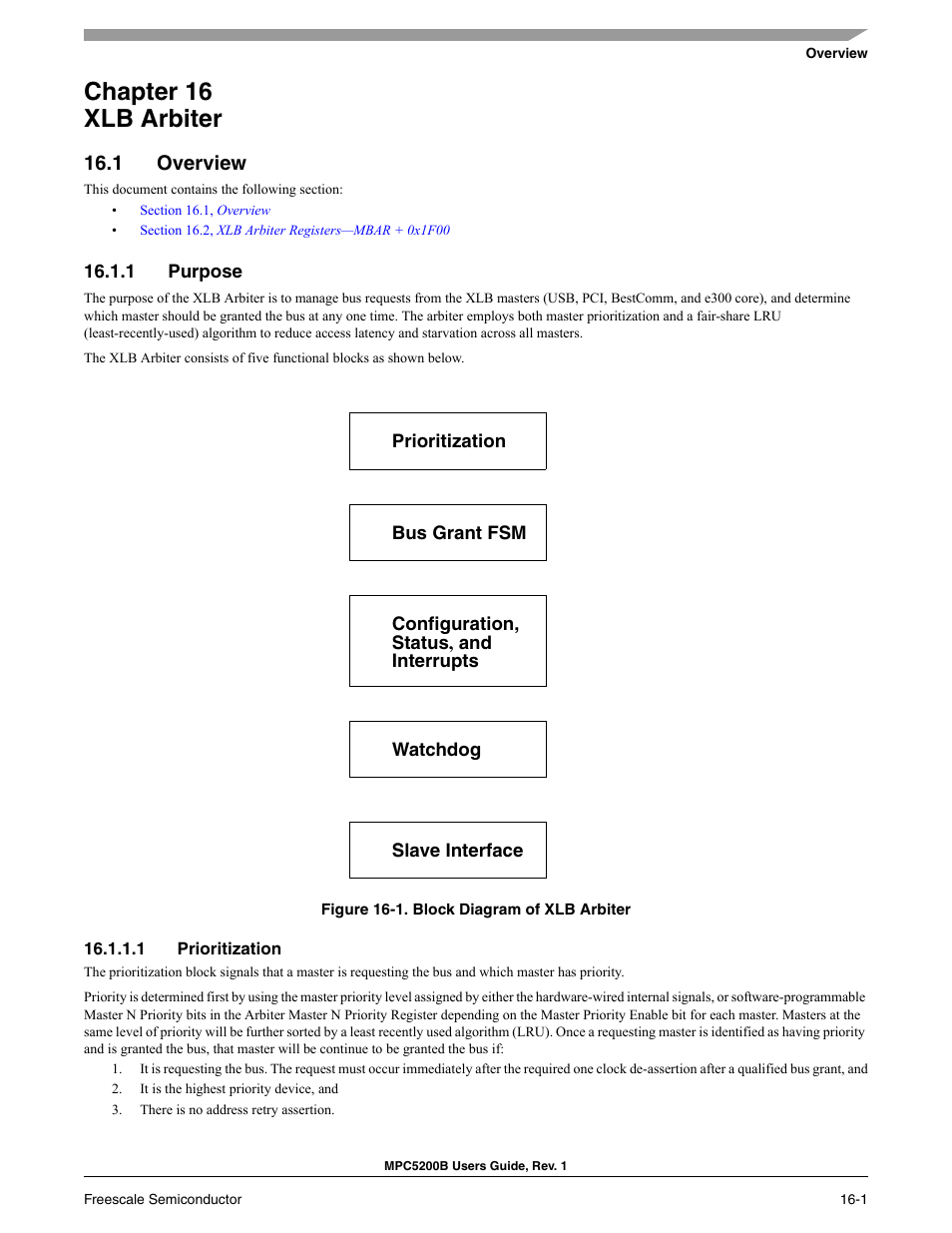 Chapter 16 xlb arbiter, 1 overview, 1 purpose | 1 prioritization | Freescale Semiconductor MPC5200B User Manual | Page 588 / 762