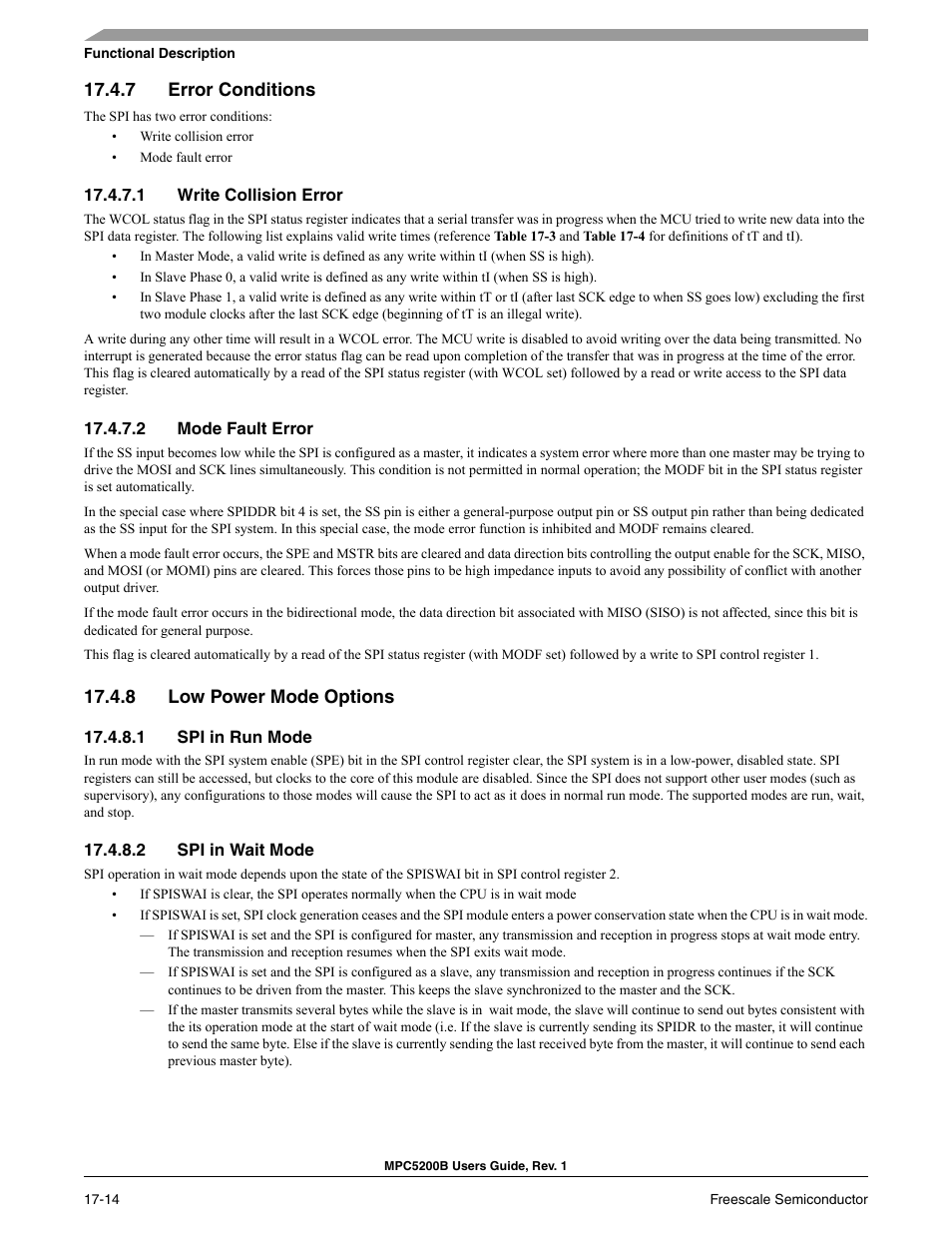 7 error conditions, 1 write collision error, 2 mode fault error | 8 low power mode options, 1 spi in run mode, 2 spi in wait mode | Freescale Semiconductor MPC5200B User Manual | Page 615 / 762