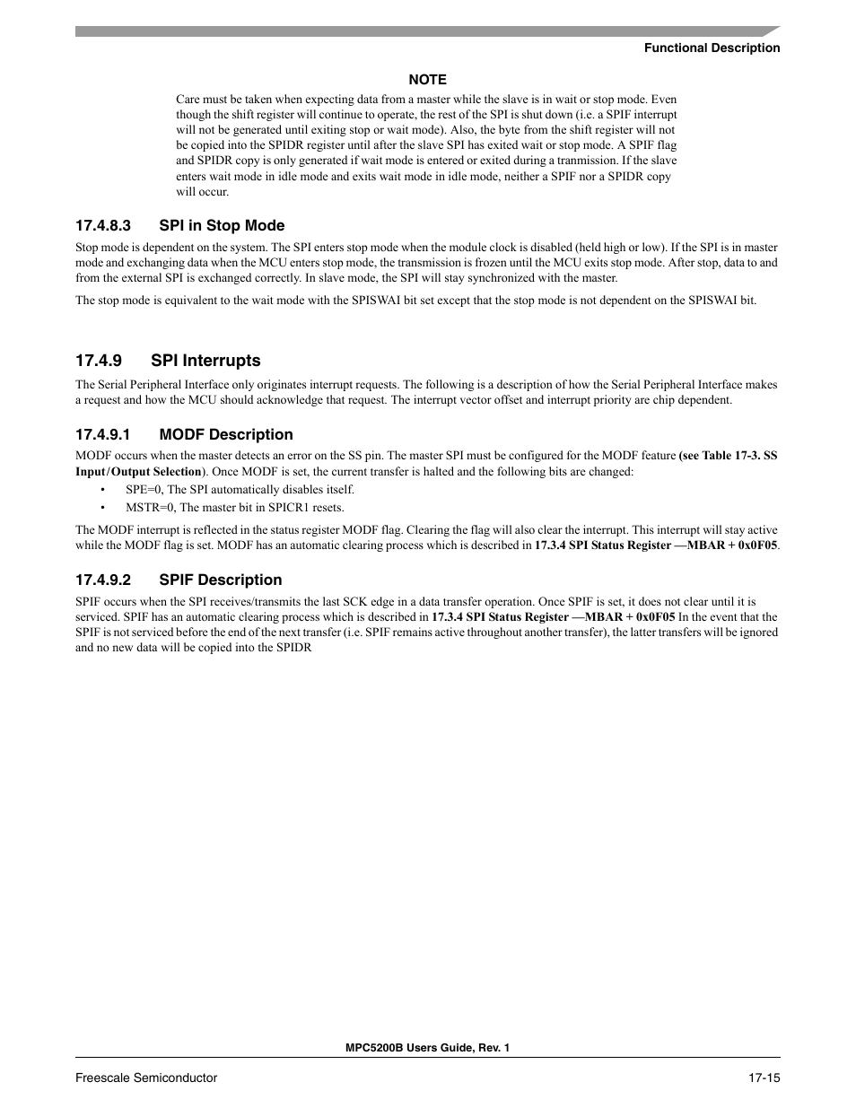 3 spi in stop mode, 9 spi interrupts, 1 modf description | 2 spif description | Freescale Semiconductor MPC5200B User Manual | Page 616 / 762