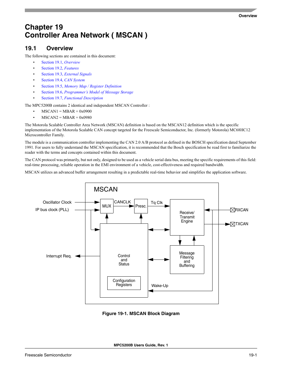 Chapter 19 controller area network ( mscan ), 1 overview, Mscan | Freescale Semiconductor MPC5200B User Manual | Page 640 / 762