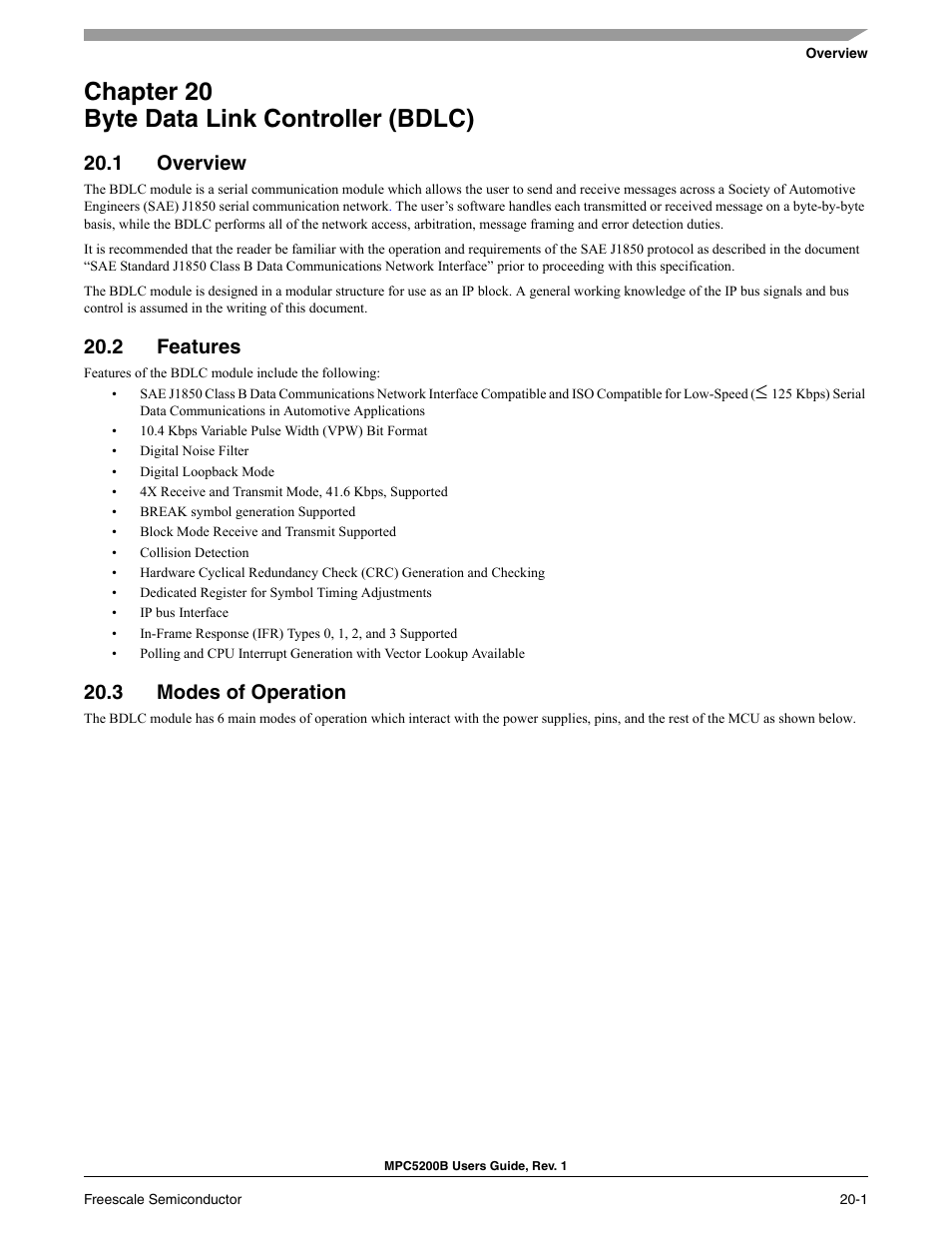 Chapter 20 byte data link controller (bdlc), 1 overview, 2 features | 3 modes of operation, Overview -1, Features -1, Modes of operation -1 | Freescale Semiconductor MPC5200B User Manual | Page 680 / 762