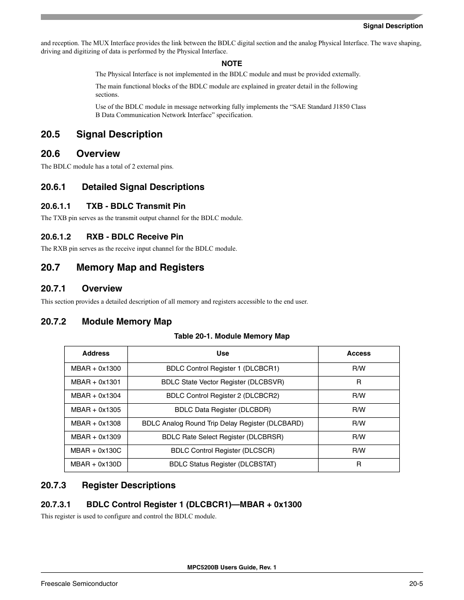 5 signal description, 6 overview, 1 detailed signal descriptions | 1 txb - bdlc transmit pin, 2 rxb - bdlc receive pin, 7 memory map and registers, 1 overview, 2 module memory map, 3 register descriptions, 1 bdlc control register 1 (dlcbcr1)-mbar + 0x1300 | Freescale Semiconductor MPC5200B User Manual | Page 684 / 762