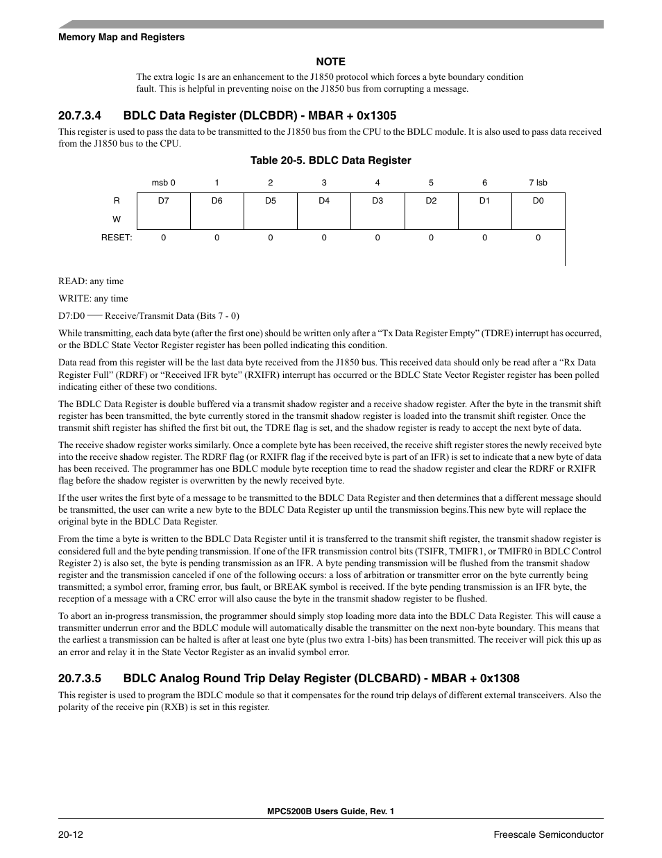 4 bdlc data register (dlcbdr) - mbar + 0x1305, Bdlc data register (dlcbdr) - mbar + 0x1305 -12, Bdlc data register -12 | Section 20.7.3.4, bdlc data, Register (dlcbdr) - mbar + 0x1305 | Freescale Semiconductor MPC5200B User Manual | Page 691 / 762