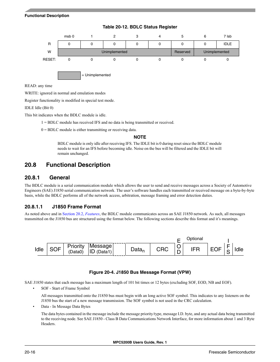 8 functional description, 1 general, 1 j1850 frame format | Functional description -16, General -16, J1850 frame format -16, J1850 bus message format (vpw) -16, Bdlc status register -16 | Freescale Semiconductor MPC5200B User Manual | Page 695 / 762