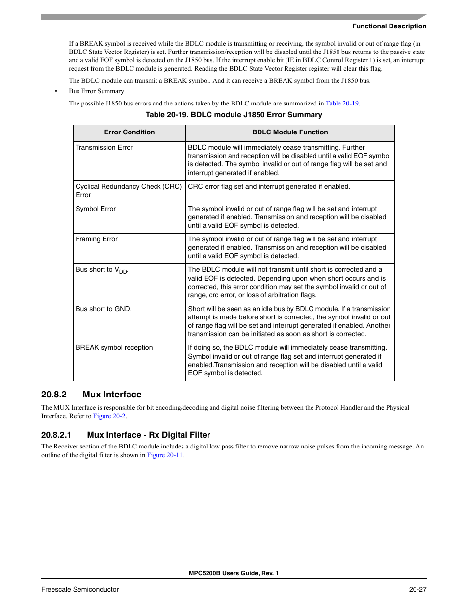 2 mux interface, 1 mux interface - rx digital filter, Mux interface -27 | Mux interface - rx digital filter -27, Bdlc module j1850 error summary -27 | Freescale Semiconductor MPC5200B User Manual | Page 706 / 762