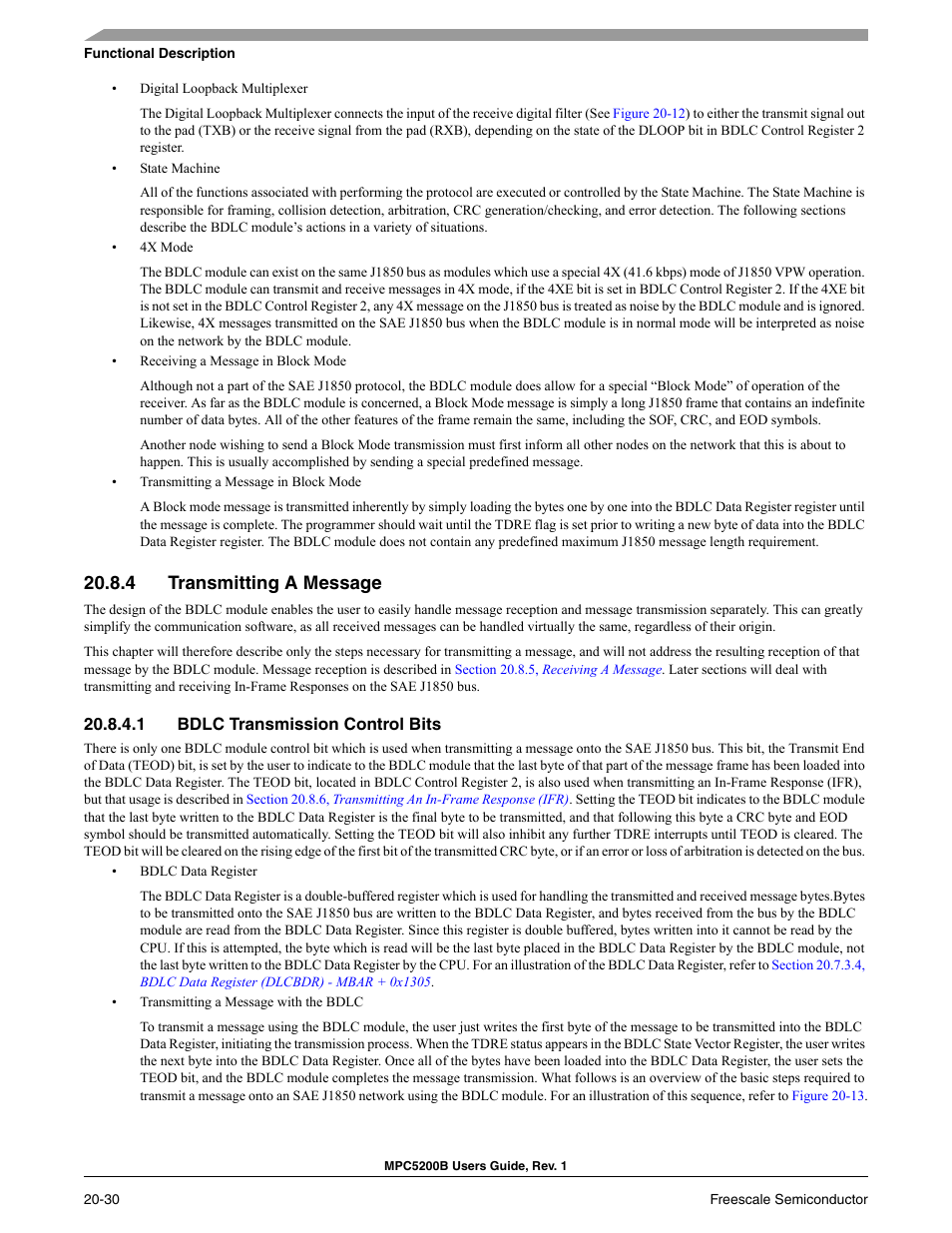 4 transmitting a message, 1 bdlc transmission control bits, Transmitting a message -30 | Bdlc transmission control bits -30 | Freescale Semiconductor MPC5200B User Manual | Page 709 / 762