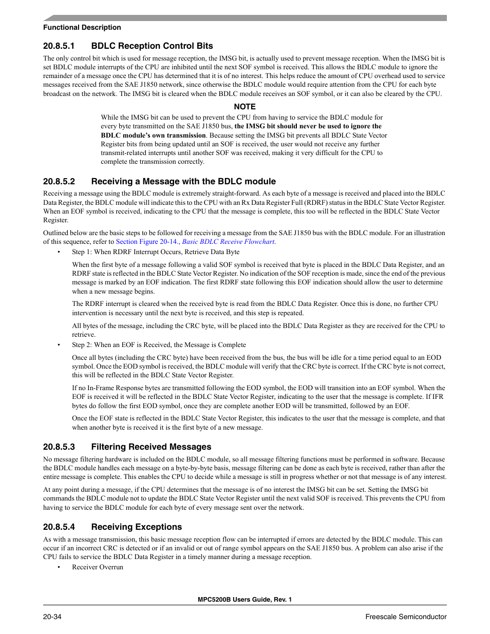 1 bdlc reception control bits, 2 receiving a message with the bdlc module, 3 filtering received messages | 4 receiving exceptions, Bdlc reception control bits -34, Receiving a message with the bdlc module -34, Filtering received messages -34, Receiving exceptions -34 | Freescale Semiconductor MPC5200B User Manual | Page 713 / 762