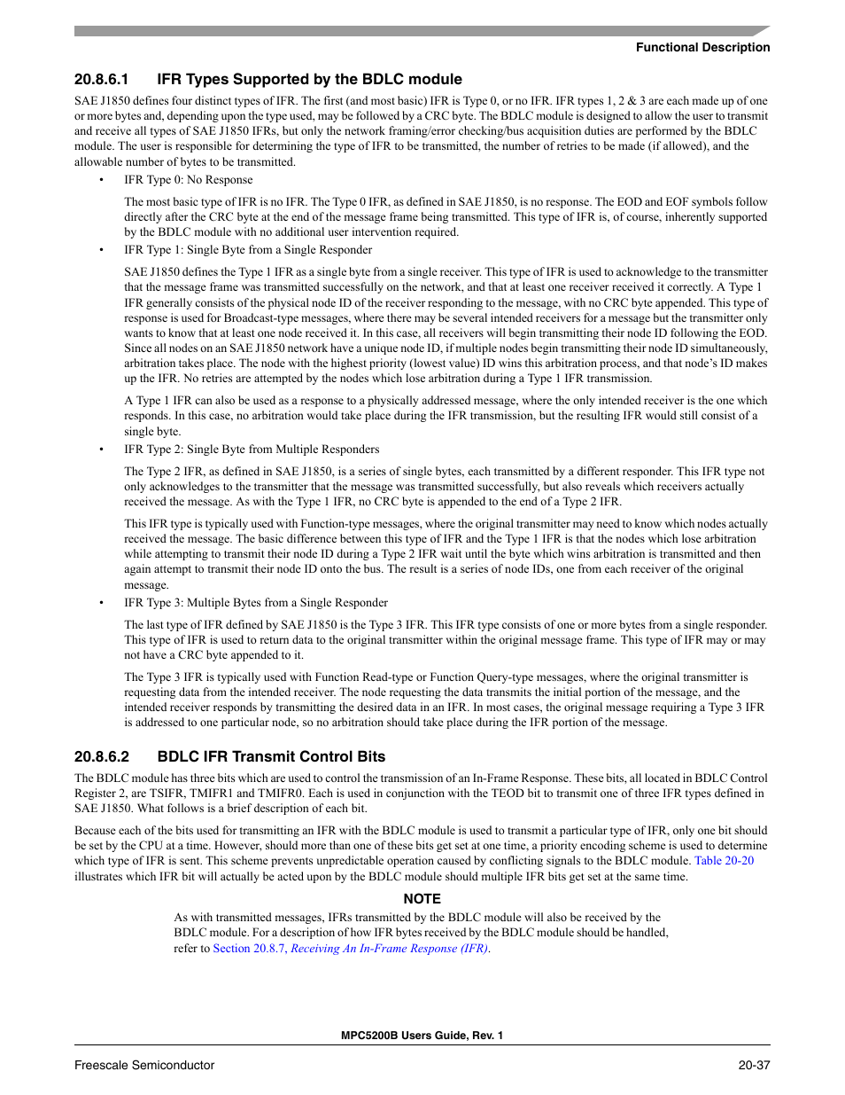 1 ifr types supported by the bdlc module, 2 bdlc ifr transmit control bits, Ifr types supported by the bdlc module -37 | Bdlc ifr transmit control bits -37 | Freescale Semiconductor MPC5200B User Manual | Page 716 / 762