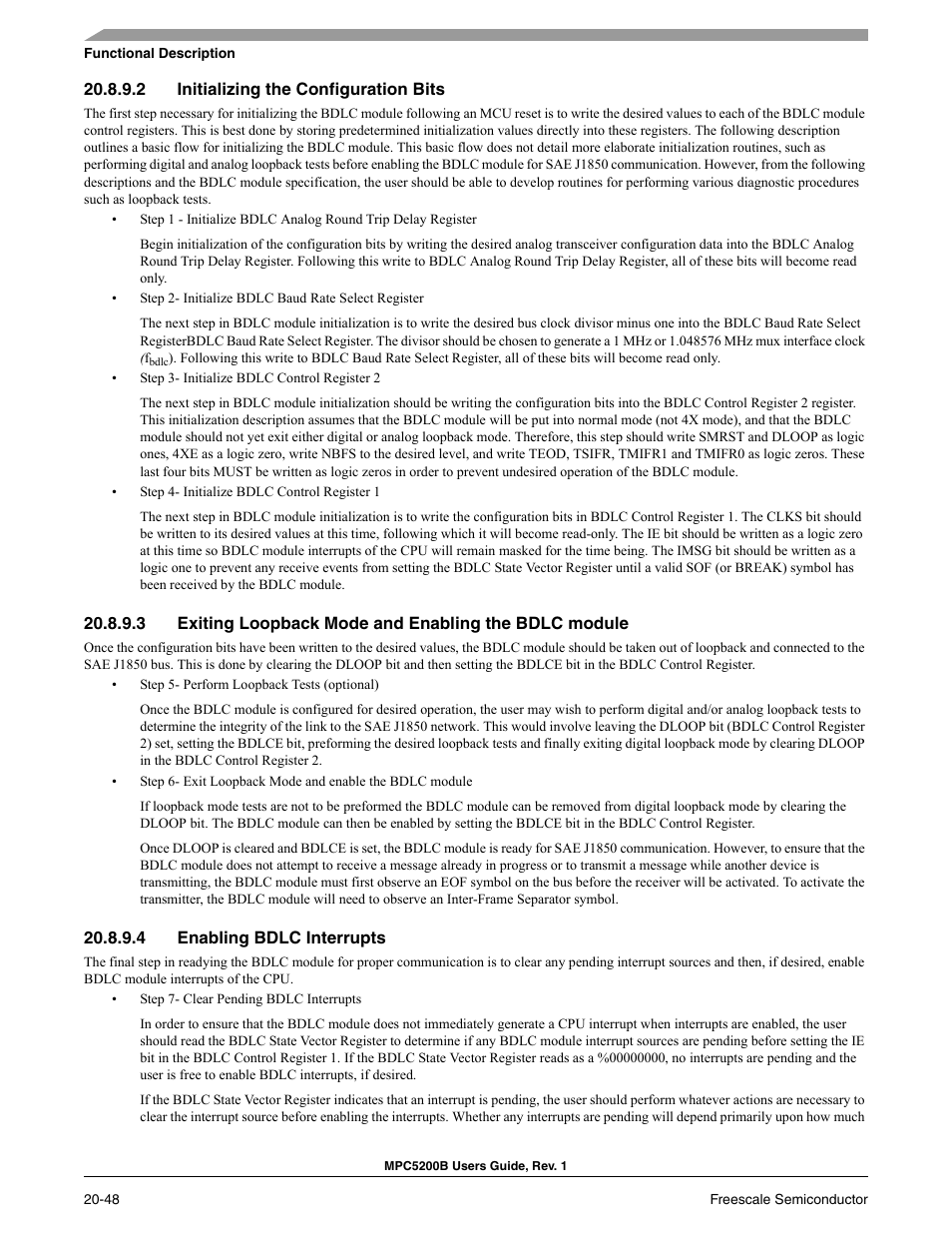 2 initializing the configuration bits, 4 enabling bdlc interrupts, Initializing the configuration bits -48 | Enabling bdlc interrupts -48 | Freescale Semiconductor MPC5200B User Manual | Page 727 / 762