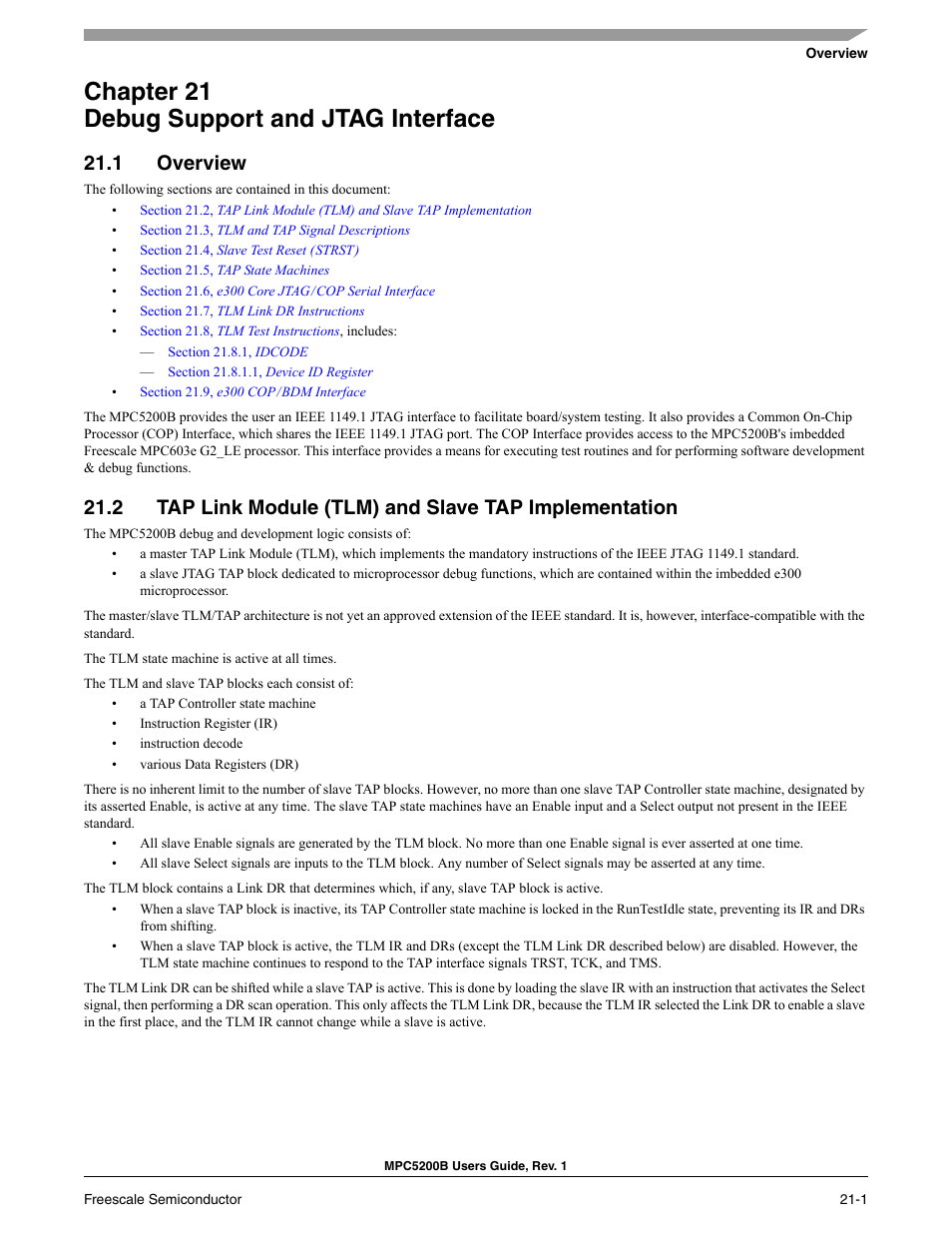 Chapter 21 debug support and jtag interface, 1 overview | Freescale Semiconductor MPC5200B User Manual | Page 730 / 762