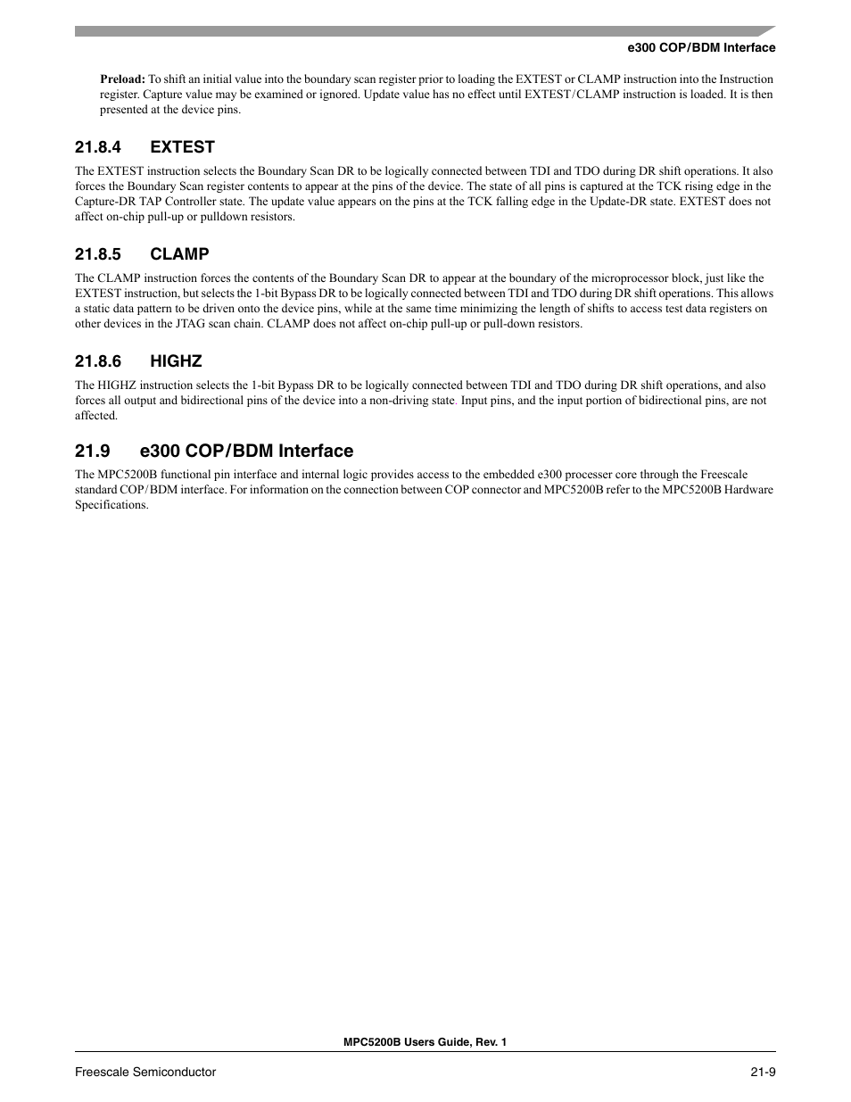 4 extest, 5 clamp, 6 highz | 9 e300 cop / bdm interface, Section 21.9, e300 cop/bdm interface, 9 e300 cop/bdm interface | Freescale Semiconductor MPC5200B User Manual | Page 738 / 762